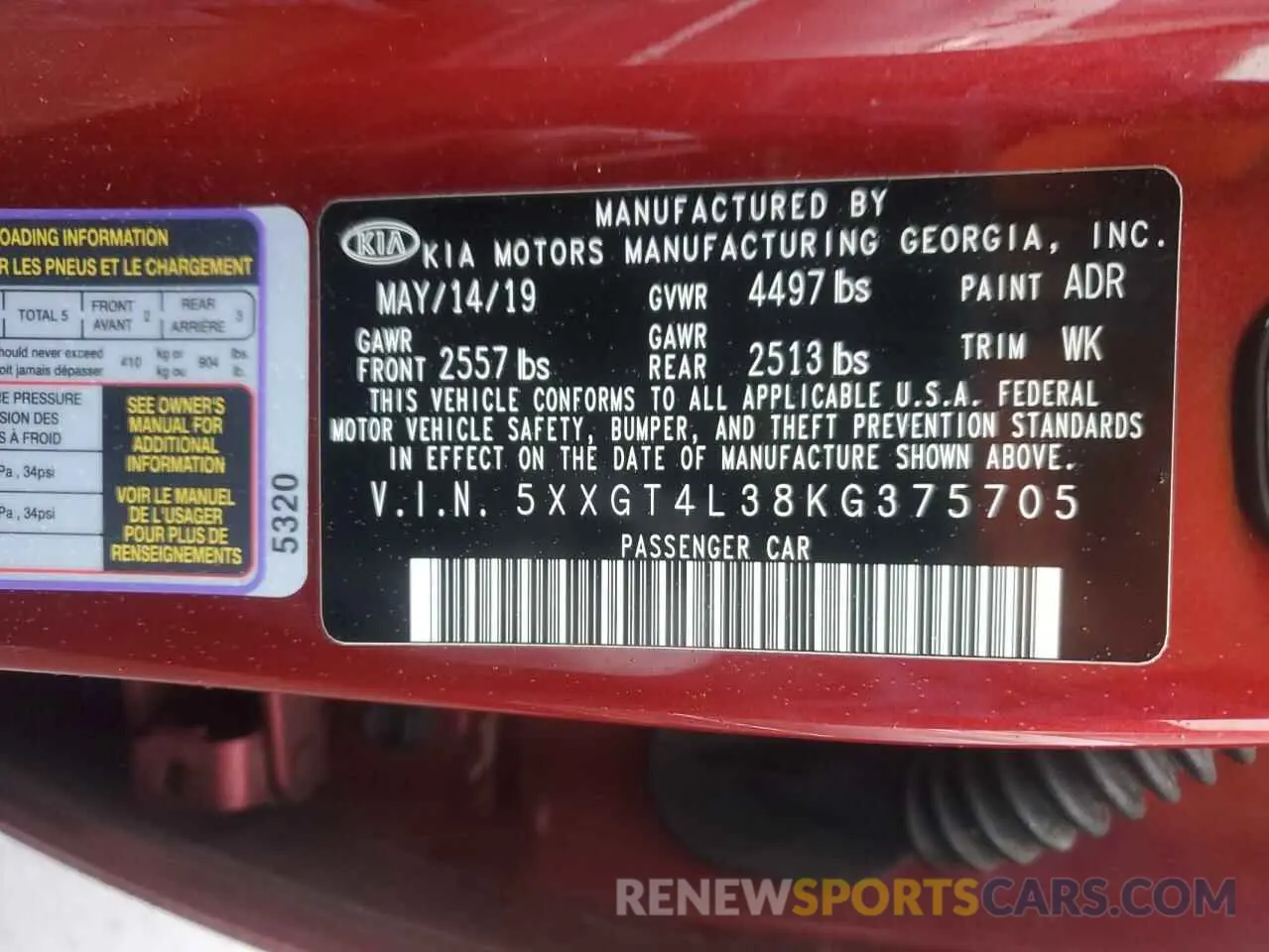 12 Photograph of a damaged car 5XXGT4L38KG375705 KIA OPTIMA 2019