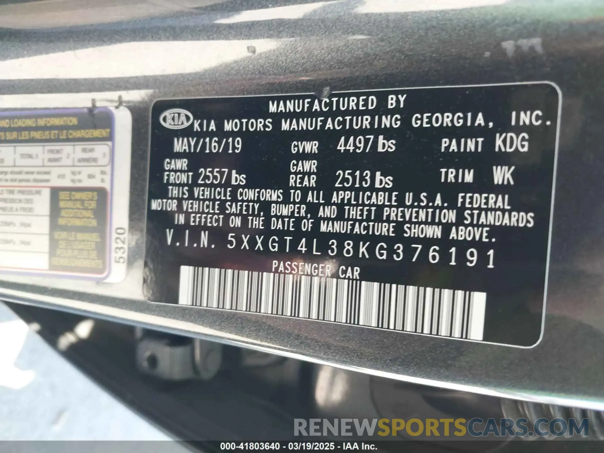 9 Photograph of a damaged car 5XXGT4L38KG376191 KIA OPTIMA 2019