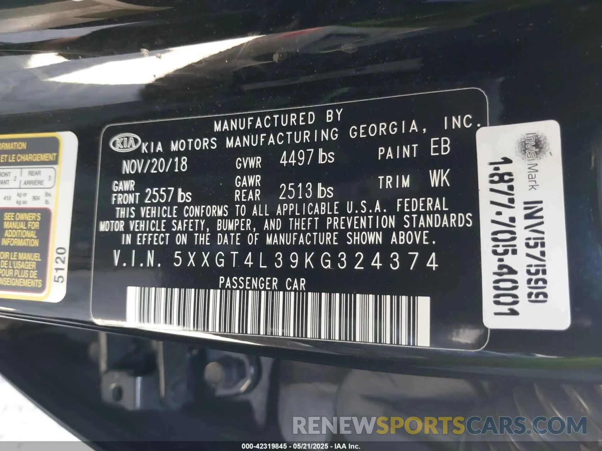 9 Photograph of a damaged car 5XXGT4L39KG324374 KIA OPTIMA 2019