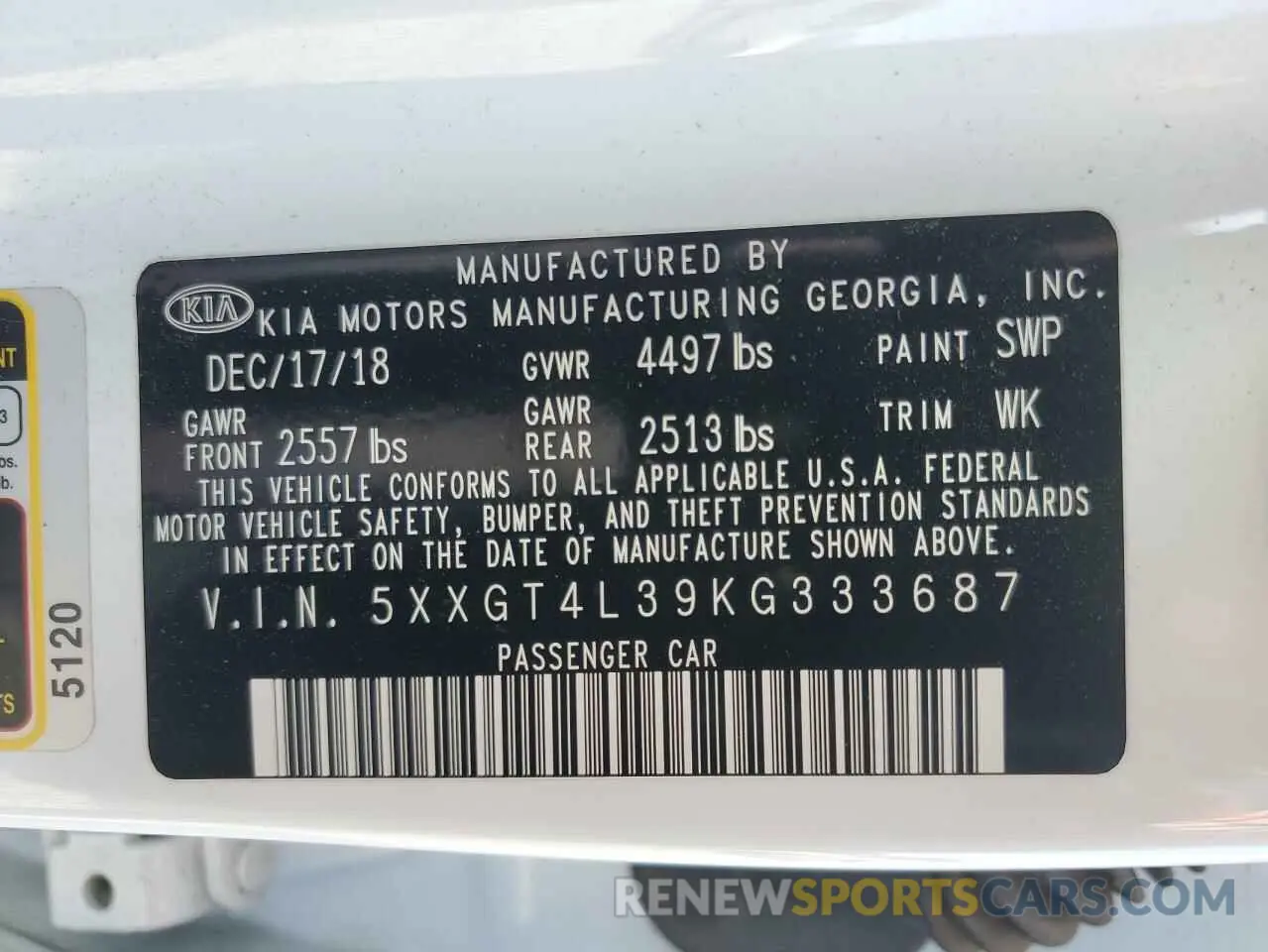 14 Photograph of a damaged car 5XXGT4L39KG333687 KIA OPTIMA 2019