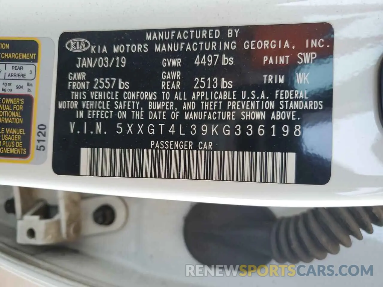 12 Photograph of a damaged car 5XXGT4L39KG336198 KIA OPTIMA 2019