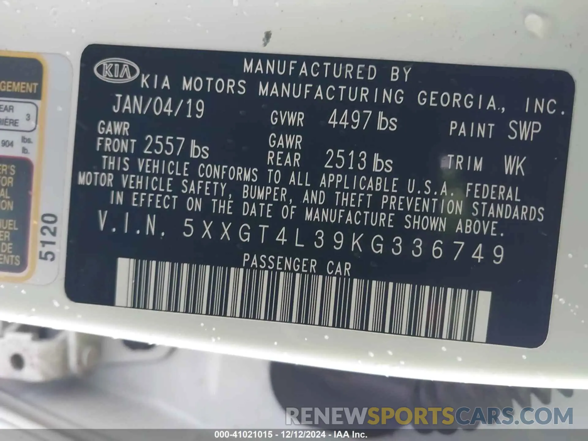 9 Photograph of a damaged car 5XXGT4L39KG336749 KIA OPTIMA 2019