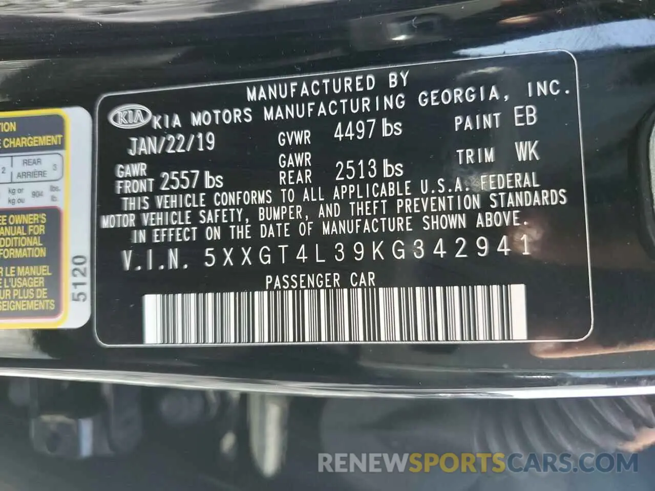 12 Photograph of a damaged car 5XXGT4L39KG342941 KIA OPTIMA 2019