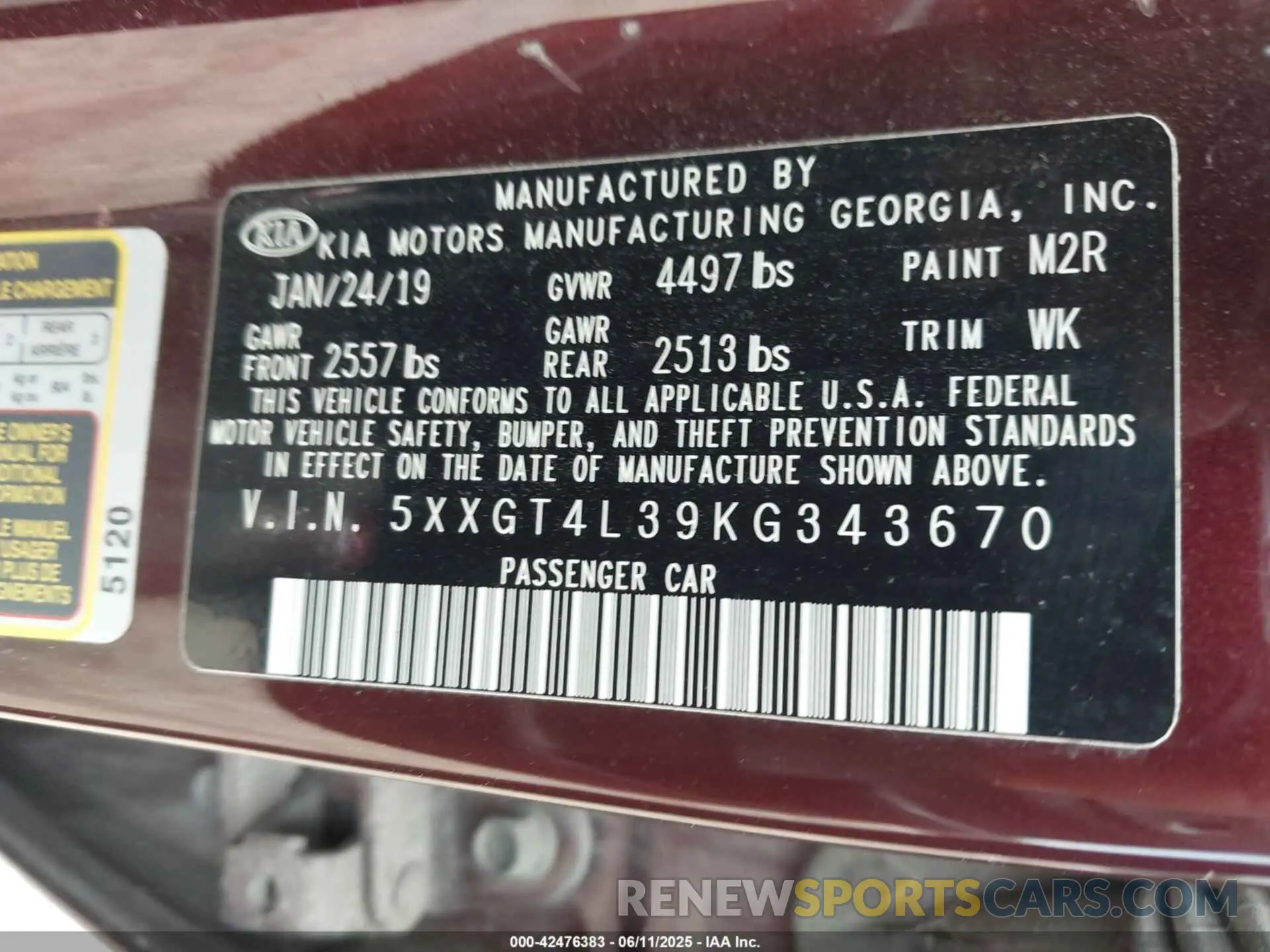 9 Photograph of a damaged car 5XXGT4L39KG343670 KIA OPTIMA 2019