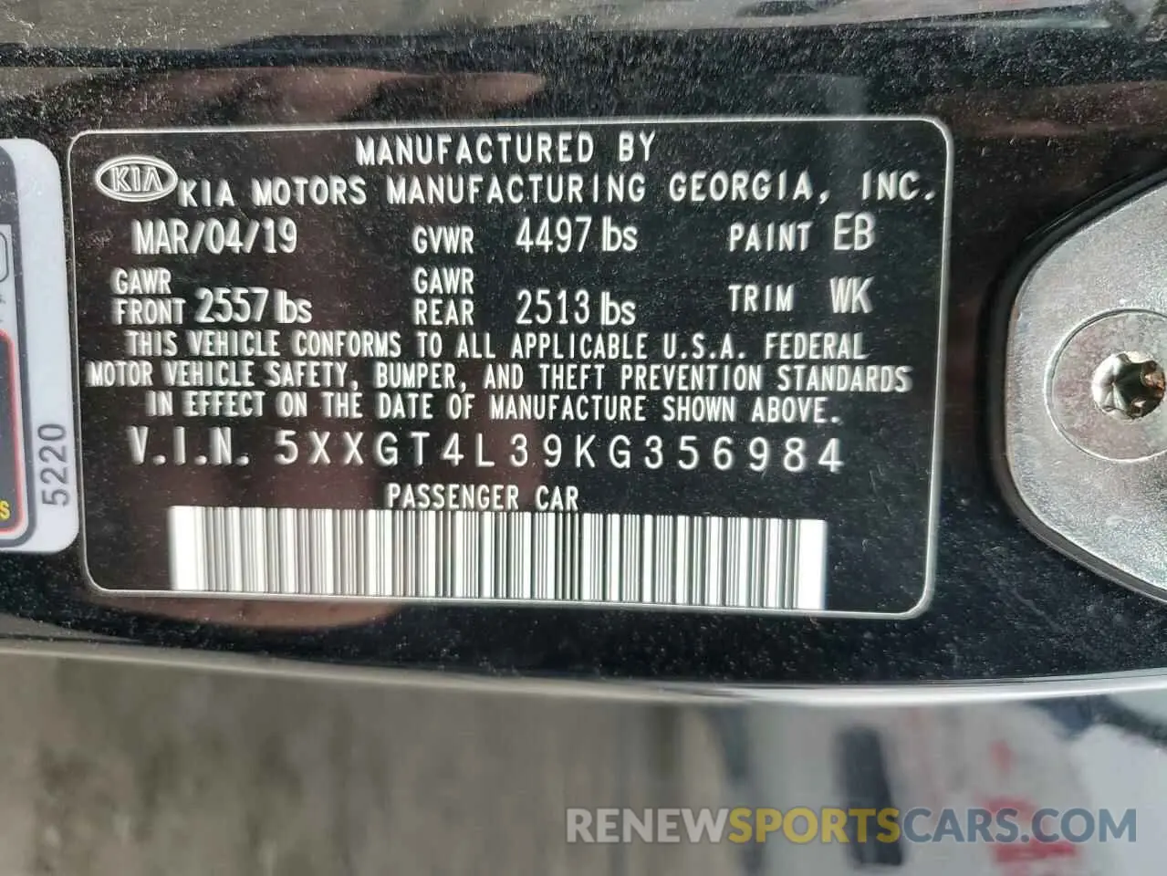 12 Photograph of a damaged car 5XXGT4L39KG356984 KIA OPTIMA 2019