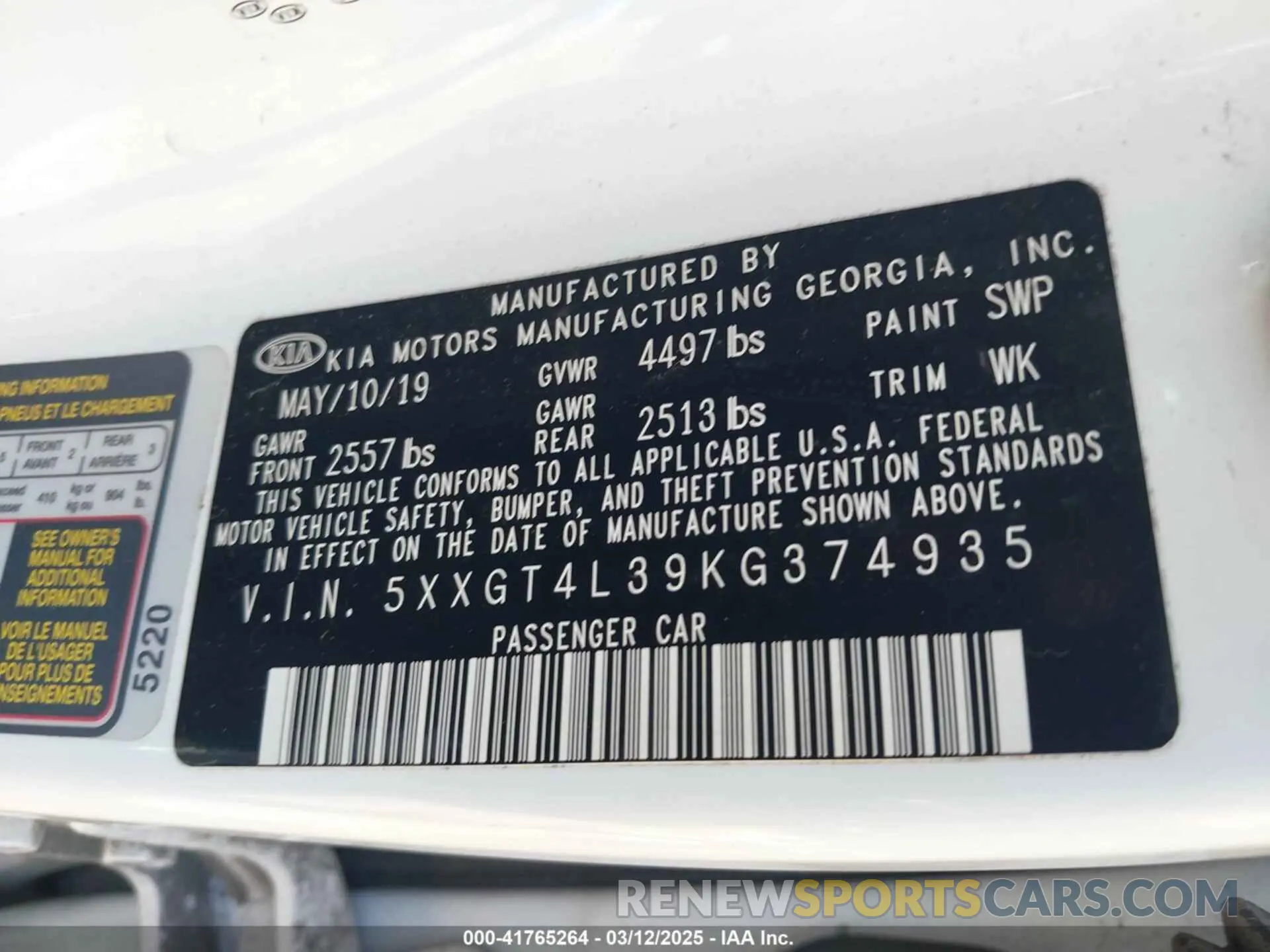 9 Photograph of a damaged car 5XXGT4L39KG374935 KIA OPTIMA 2019