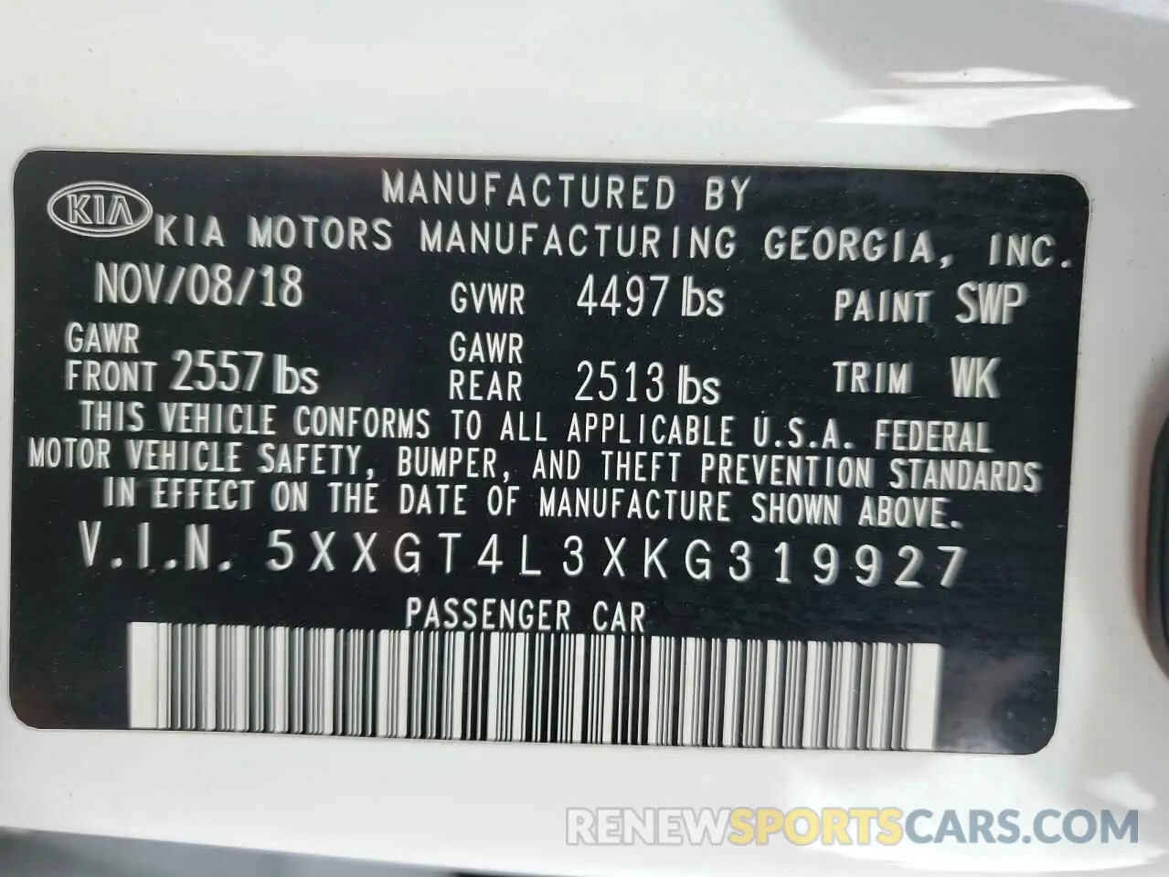 12 Photograph of a damaged car 5XXGT4L3XKG319927 KIA OPTIMA 2019
