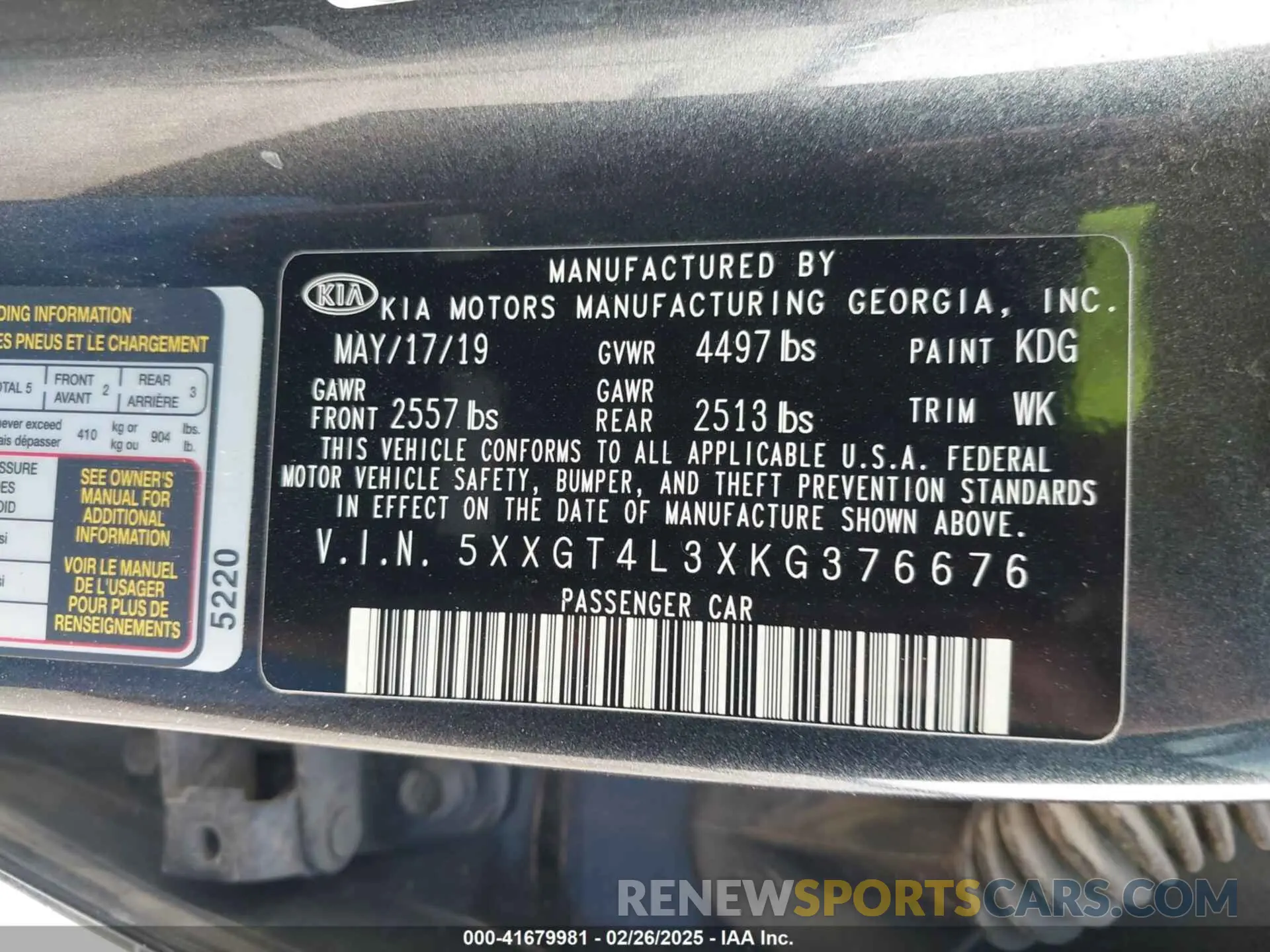 9 Photograph of a damaged car 5XXGT4L3XKG376676 KIA OPTIMA 2019