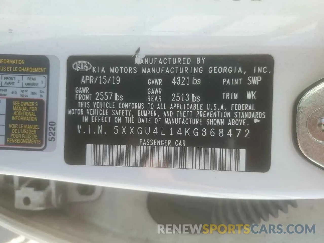 13 Photograph of a damaged car 5XXGU4L14KG368472 KIA OPTIMA 2019