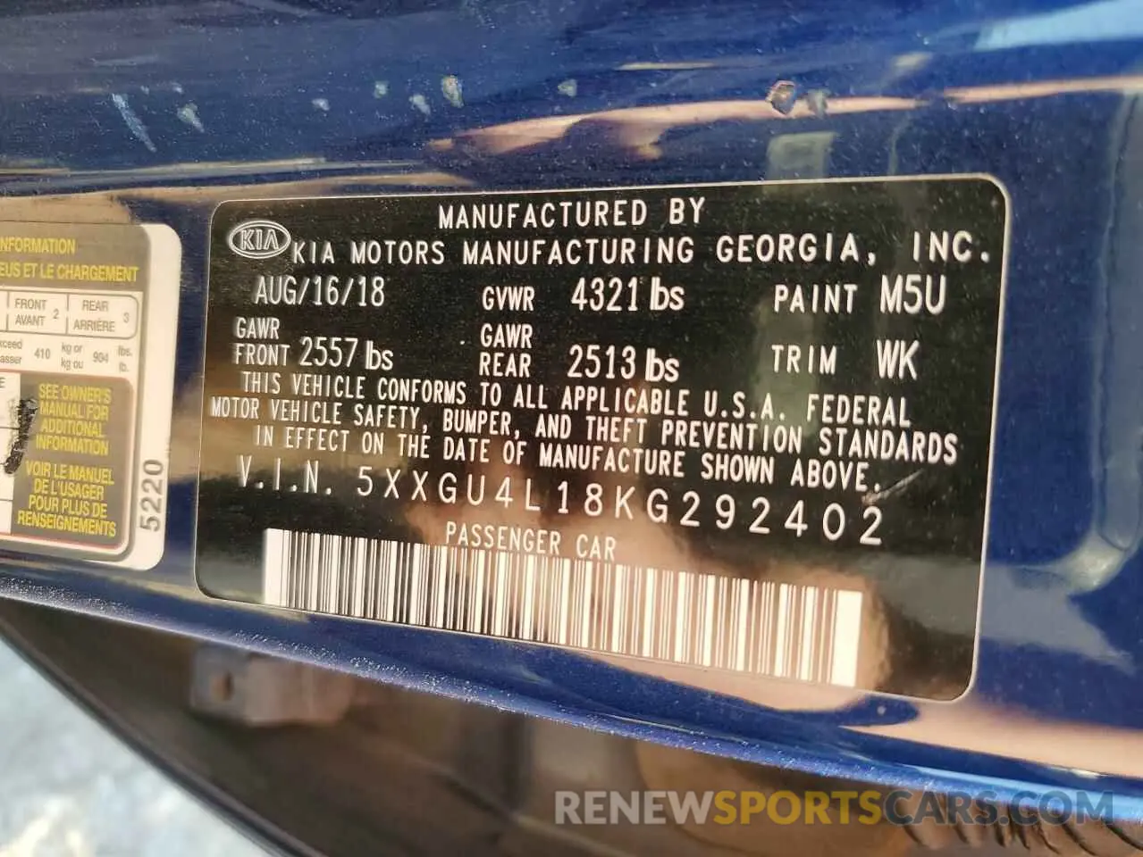 12 Photograph of a damaged car 5XXGU4L18KG292402 KIA OPTIMA 2019