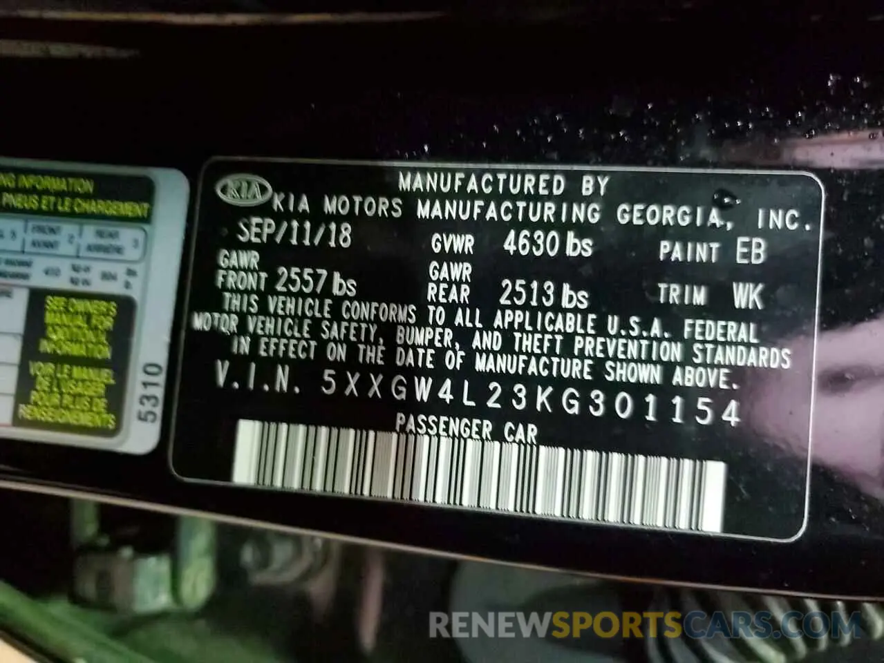 12 Photograph of a damaged car 5XXGW4L23KG301154 KIA OPTIMA 2019