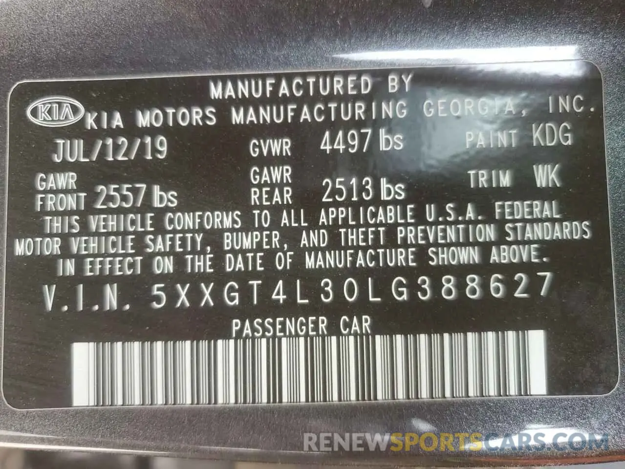 15 Photograph of a damaged car 5XXGT4L30LG388627 KIA OPTIMA 2020