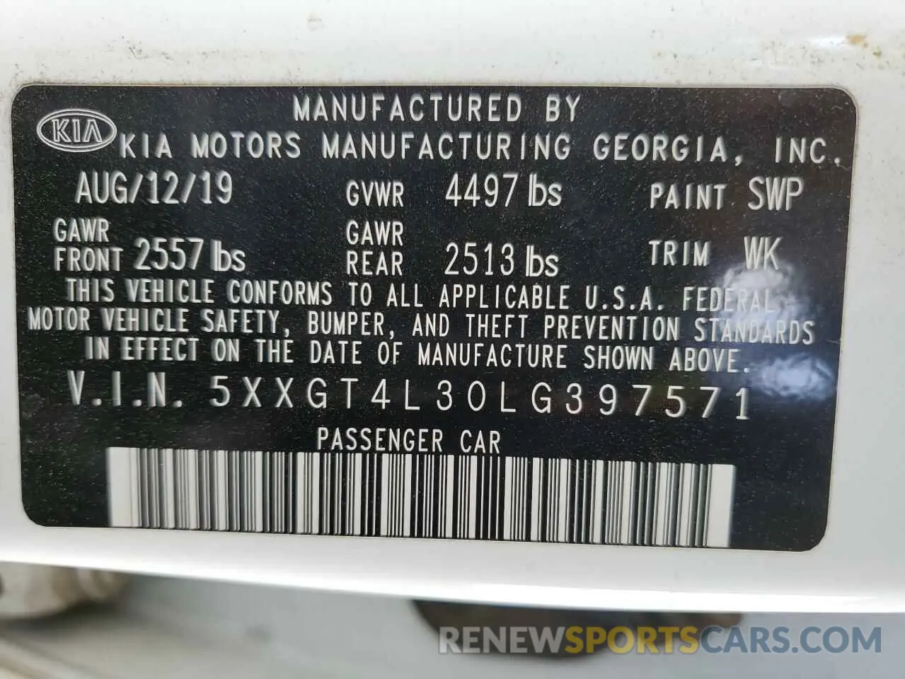 12 Photograph of a damaged car 5XXGT4L30LG397571 KIA OPTIMA 2020