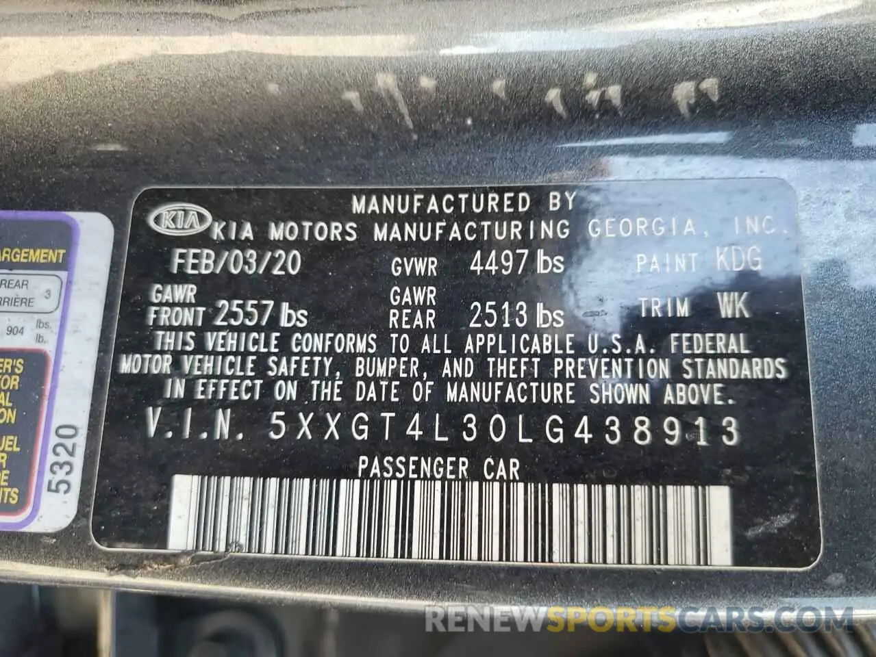 13 Photograph of a damaged car 5XXGT4L30LG438913 KIA OPTIMA 2020