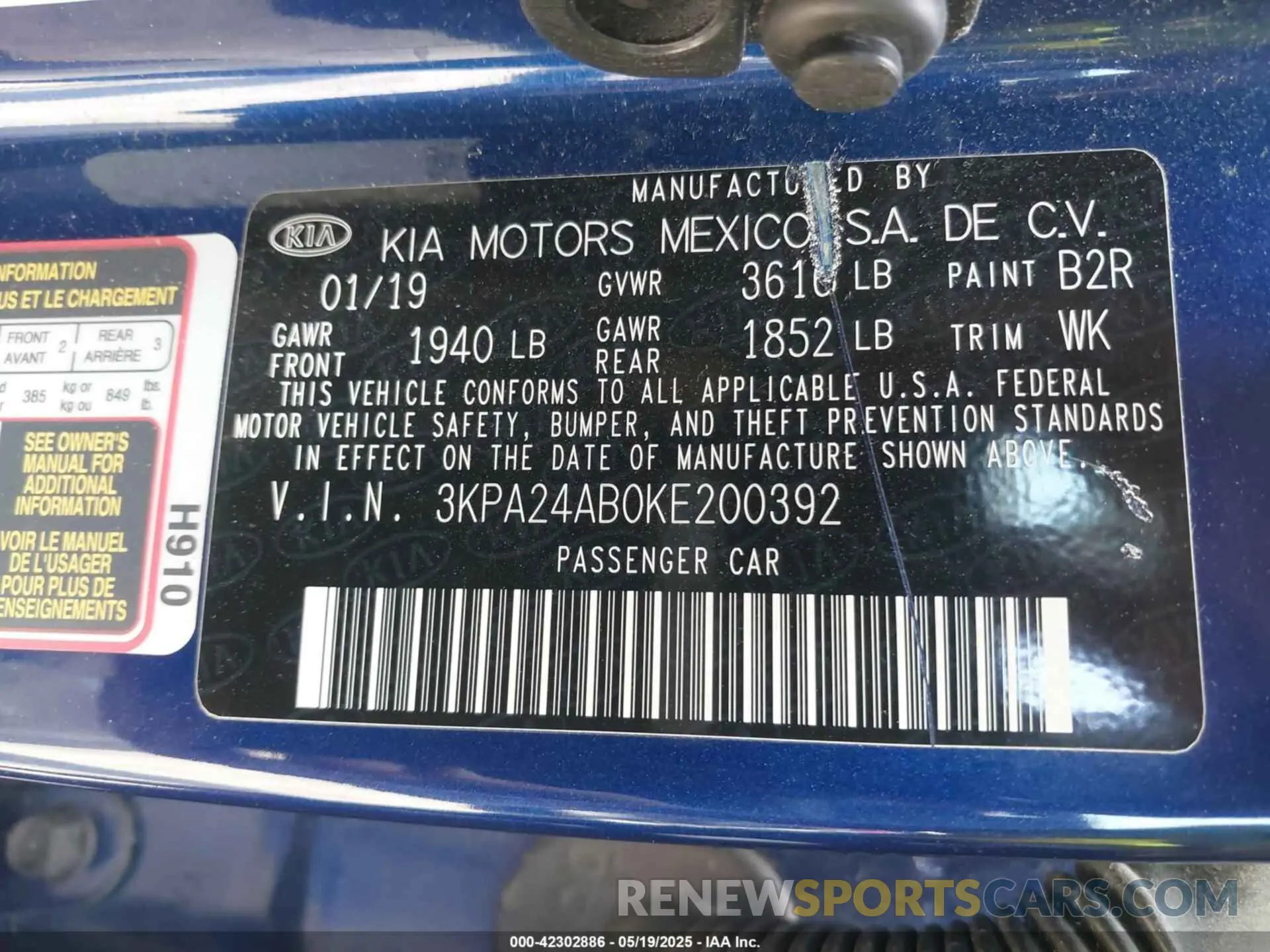 9 Photograph of a damaged car 3KPA24AB0KE200392 KIA RIO 2019