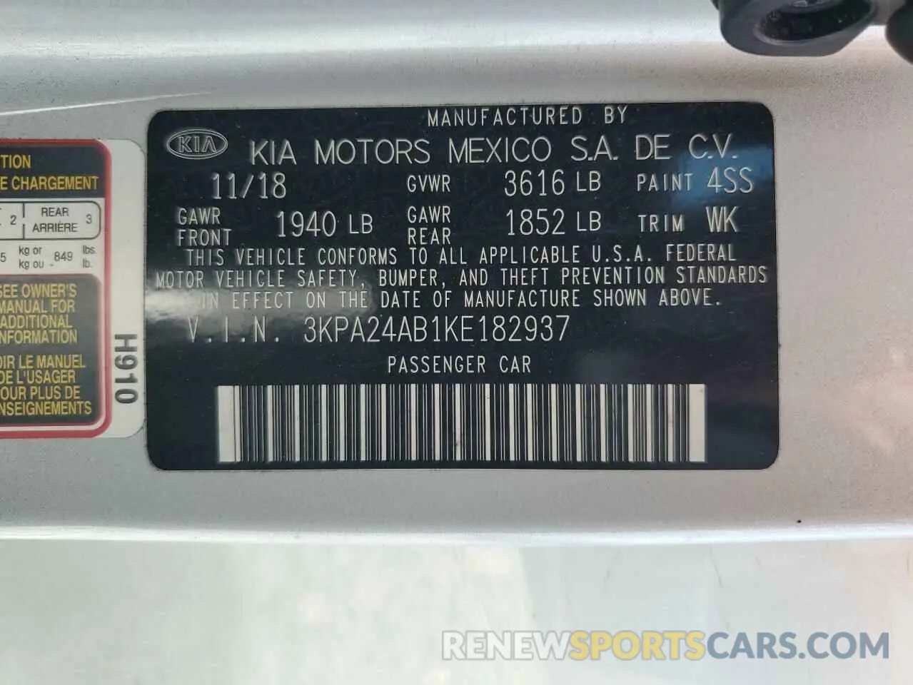 12 Photograph of a damaged car 3KPA24AB1KE182937 KIA RIO 2019