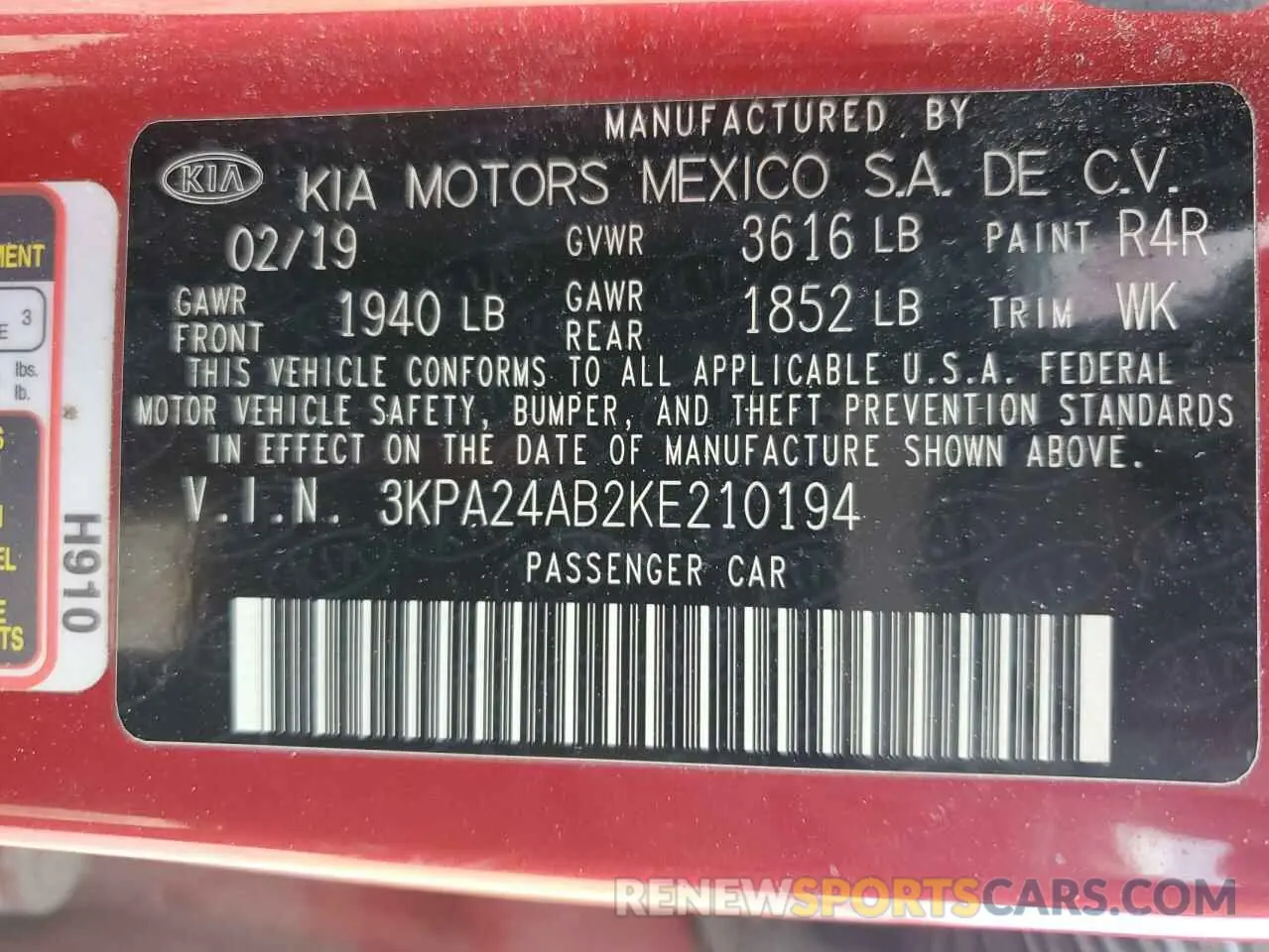 12 Photograph of a damaged car 3KPA24AB2KE210194 KIA RIO 2019