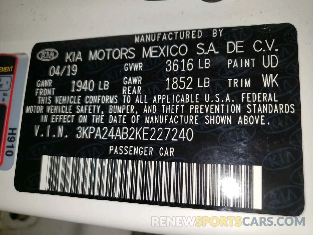 13 Photograph of a damaged car 3KPA24AB2KE227240 KIA RIO 2019
