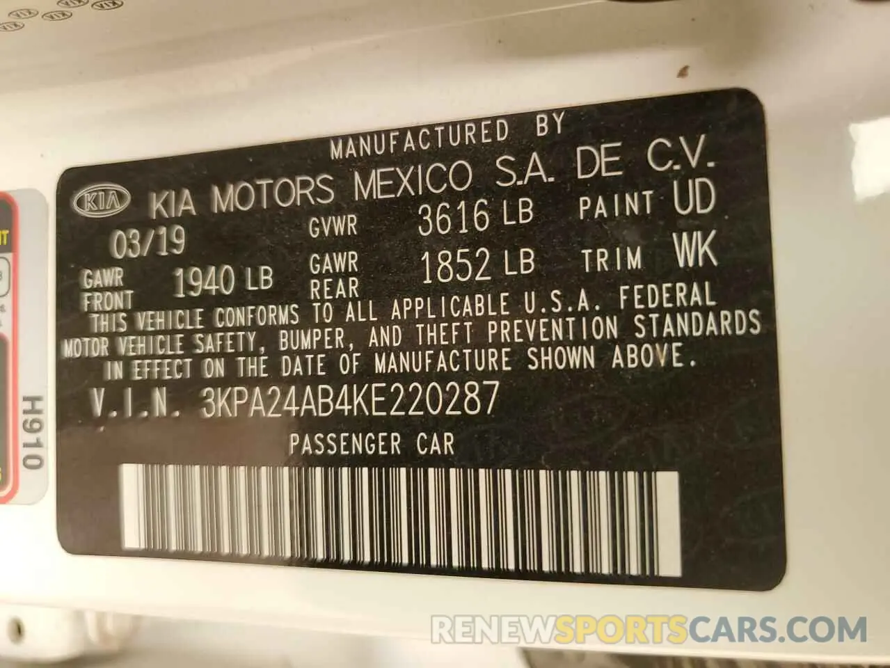 12 Photograph of a damaged car 3KPA24AB4KE220287 KIA RIO 2019