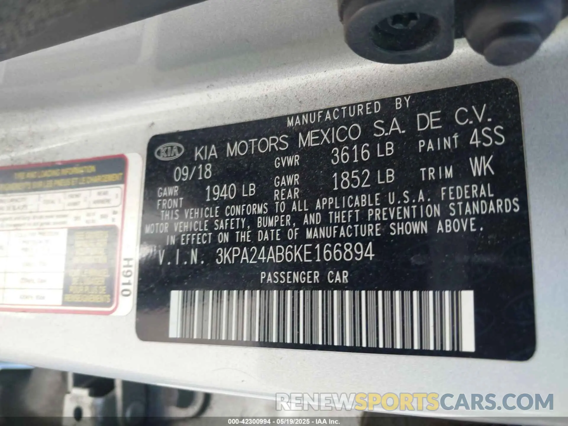 9 Photograph of a damaged car 3KPA24AB6KE166894 KIA RIO 2019