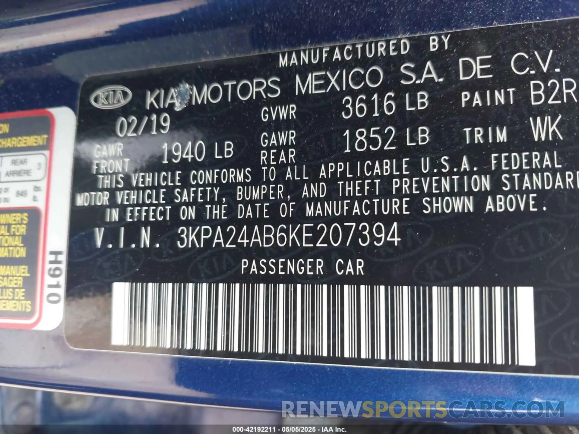9 Photograph of a damaged car 3KPA24AB6KE207394 KIA RIO 2019
