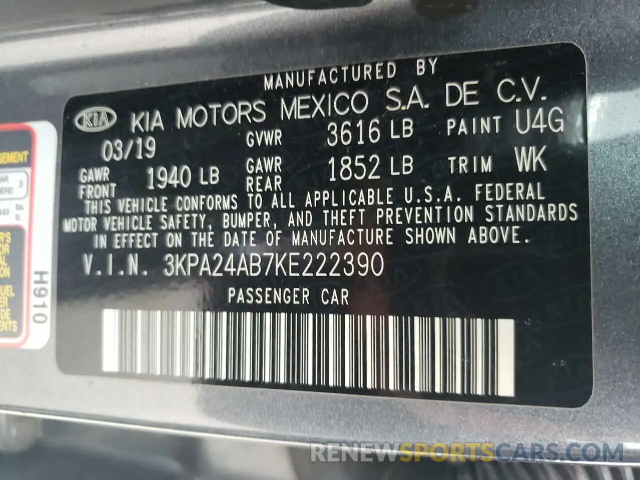 12 Photograph of a damaged car 3KPA24AB7KE222390 KIA RIO 2019
