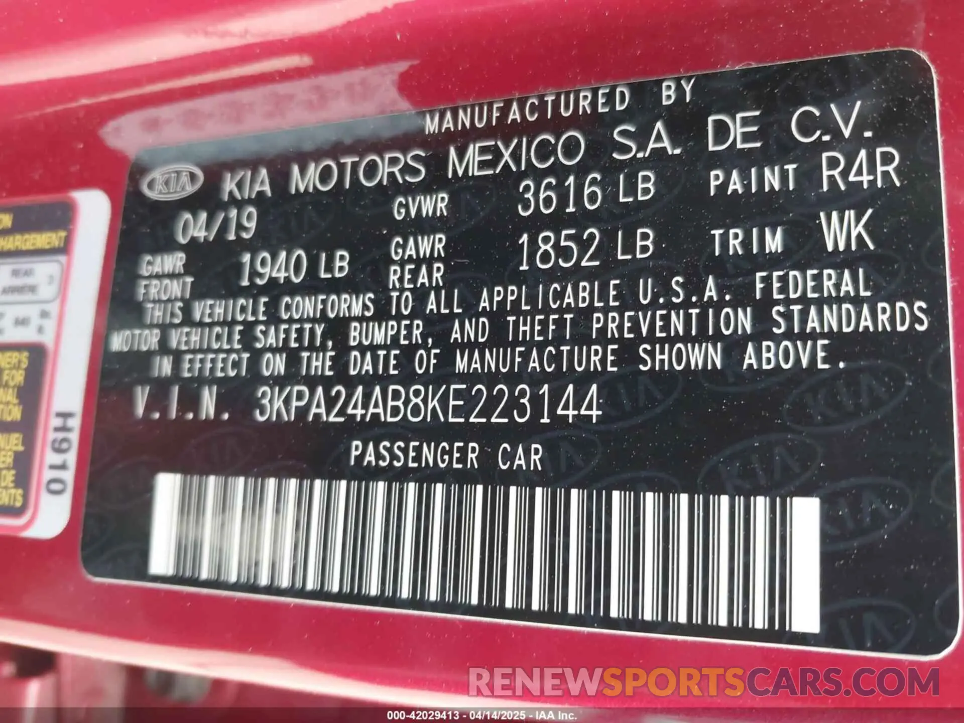 9 Photograph of a damaged car 3KPA24AB8KE223144 KIA RIO 2019