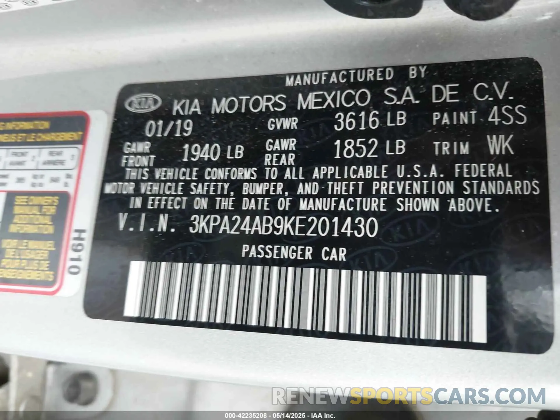 9 Photograph of a damaged car 3KPA24AB9KE201430 KIA RIO 2019