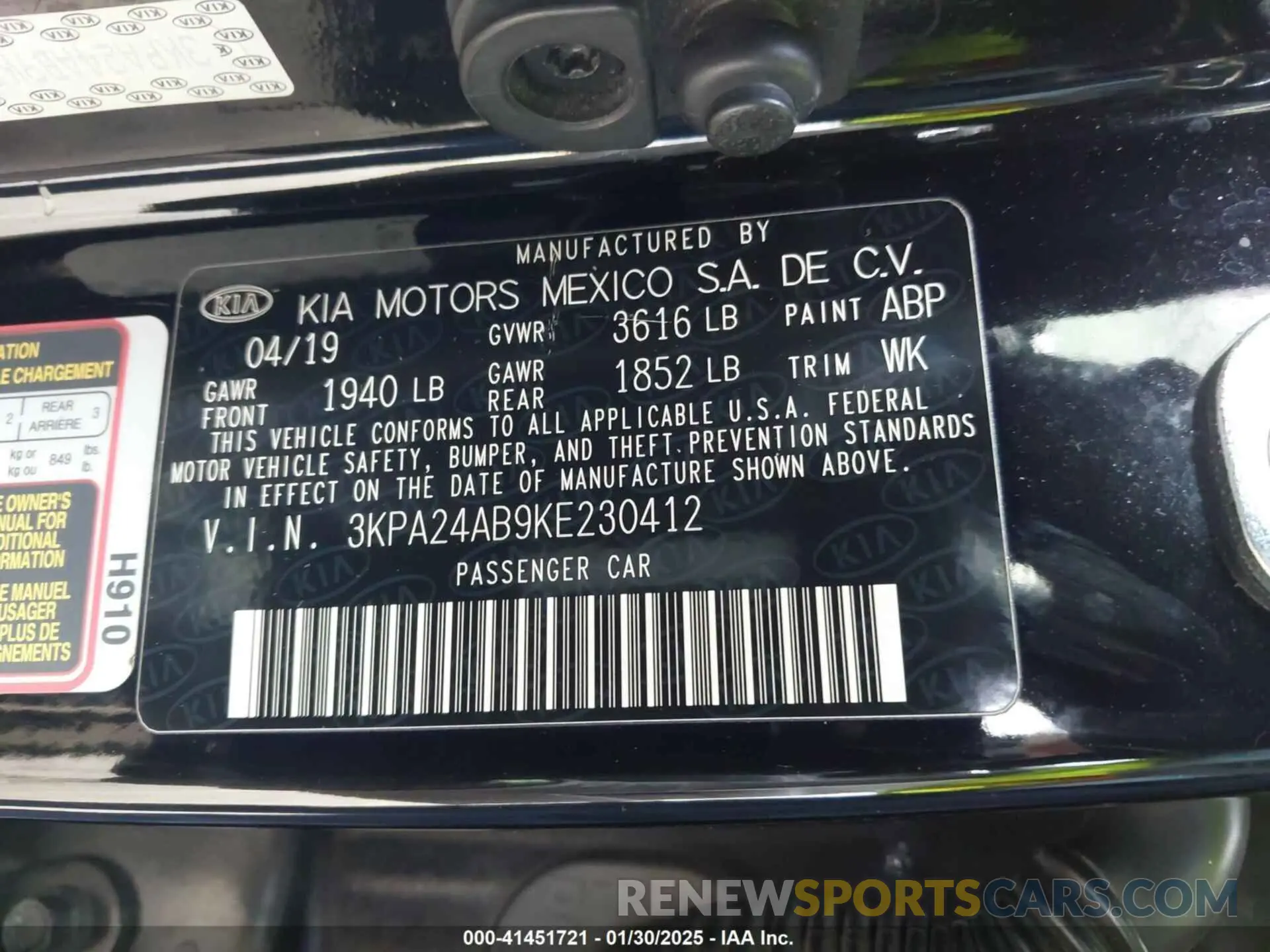 9 Photograph of a damaged car 3KPA24AB9KE230412 KIA RIO 2019