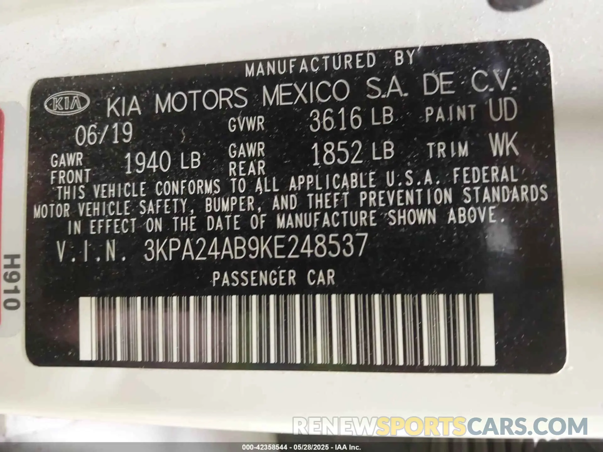 9 Photograph of a damaged car 3KPA24AB9KE248537 KIA RIO 2019