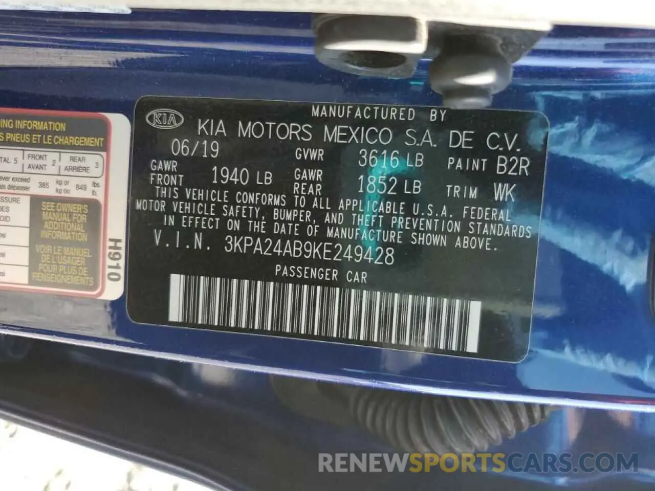 12 Photograph of a damaged car 3KPA24AB9KE249428 KIA RIO 2019