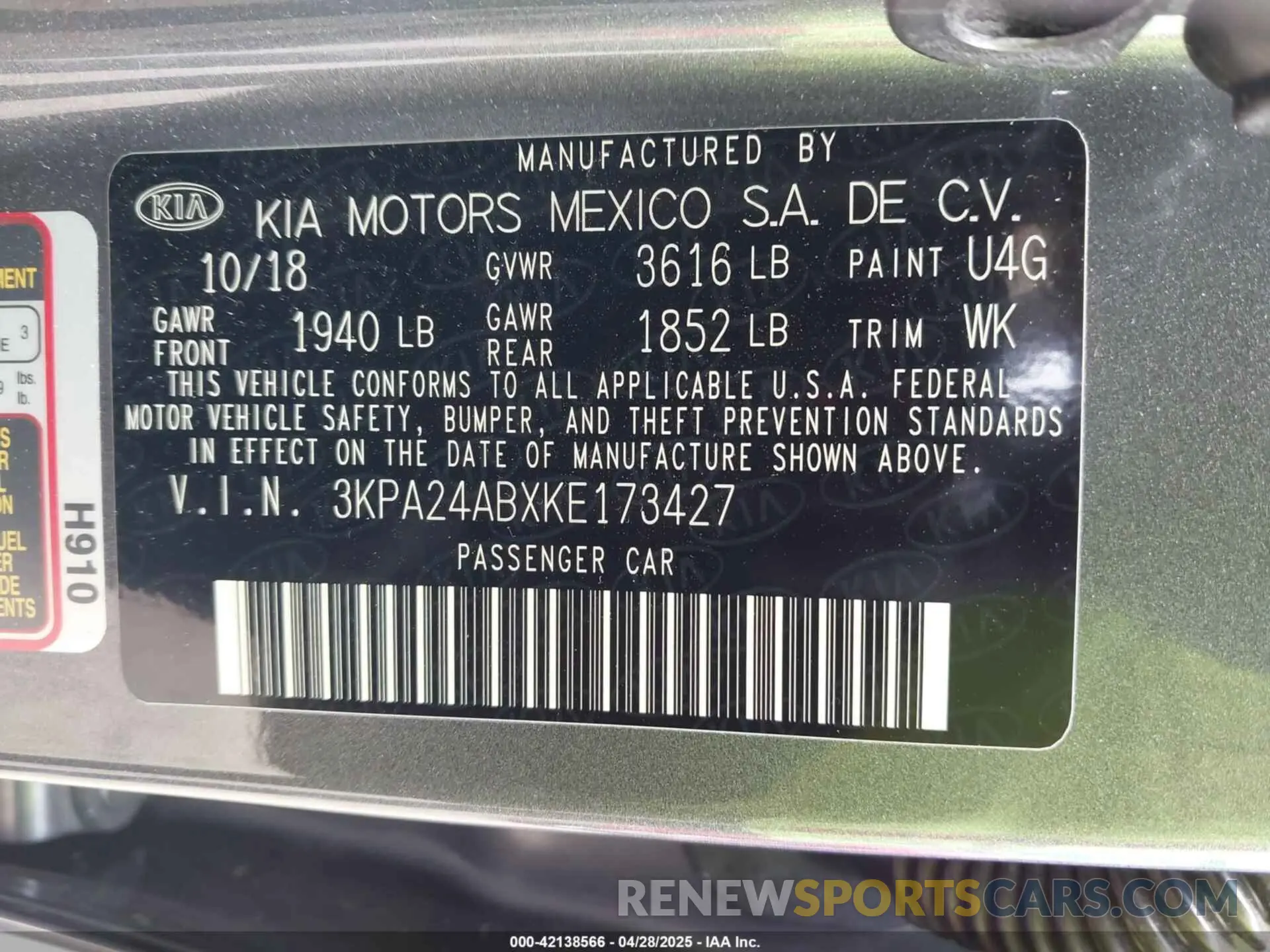 9 Photograph of a damaged car 3KPA24ABXKE173427 KIA RIO 2019