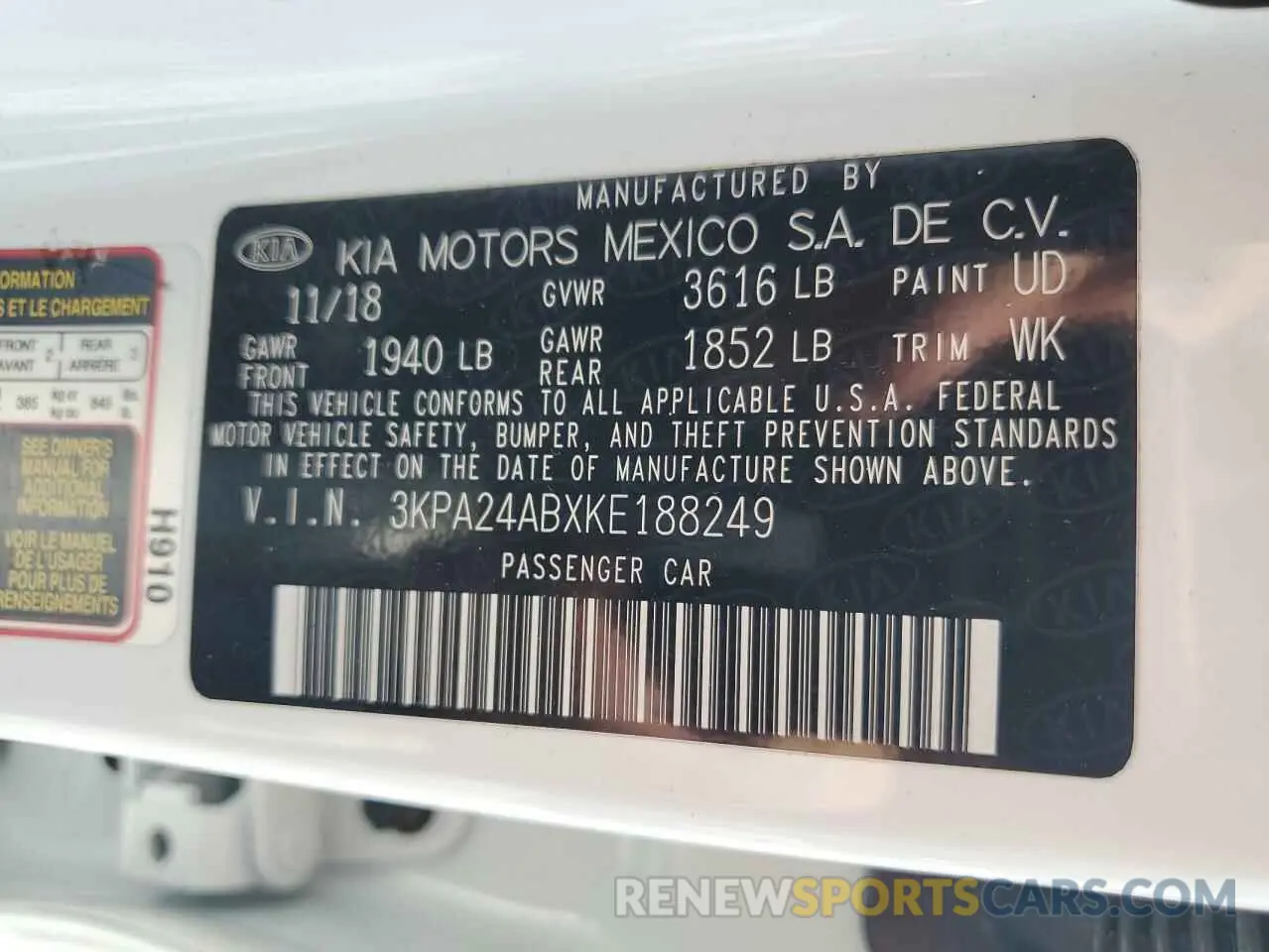 12 Photograph of a damaged car 3KPA24ABXKE188249 KIA RIO 2019
