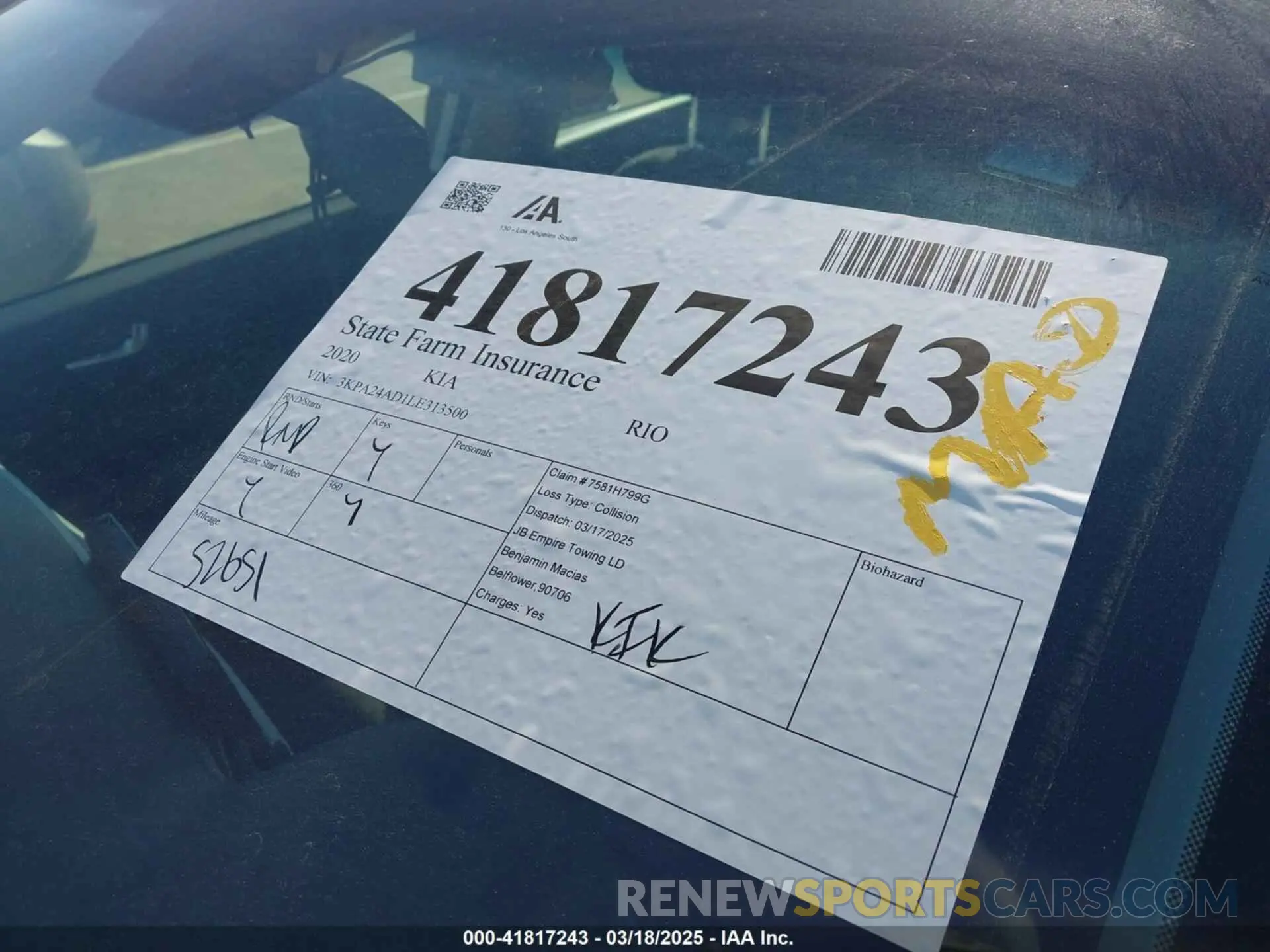 18 Photograph of a damaged car 3KPA24AD1LE313500 KIA RIO 2020
