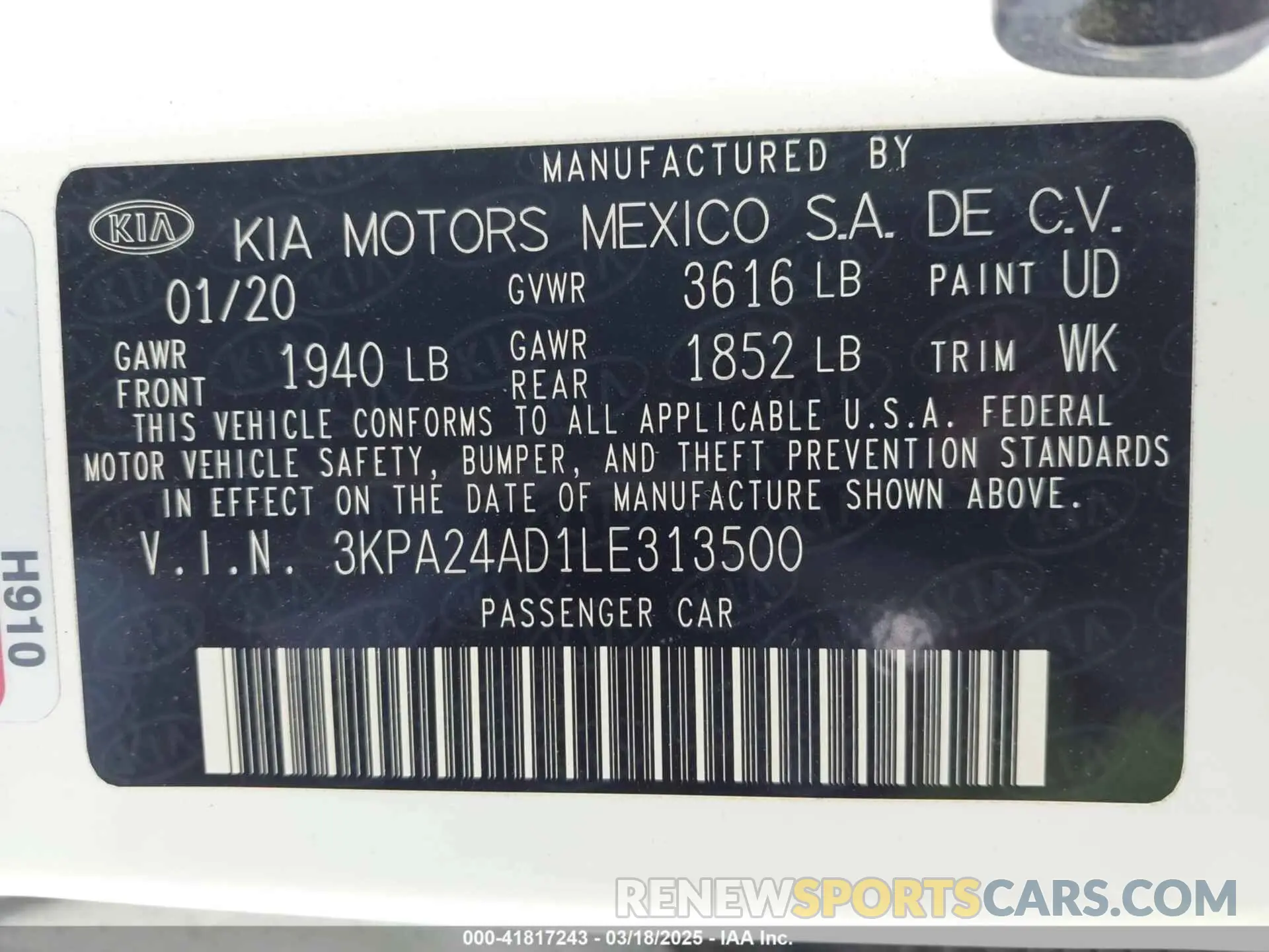 9 Photograph of a damaged car 3KPA24AD1LE313500 KIA RIO 2020