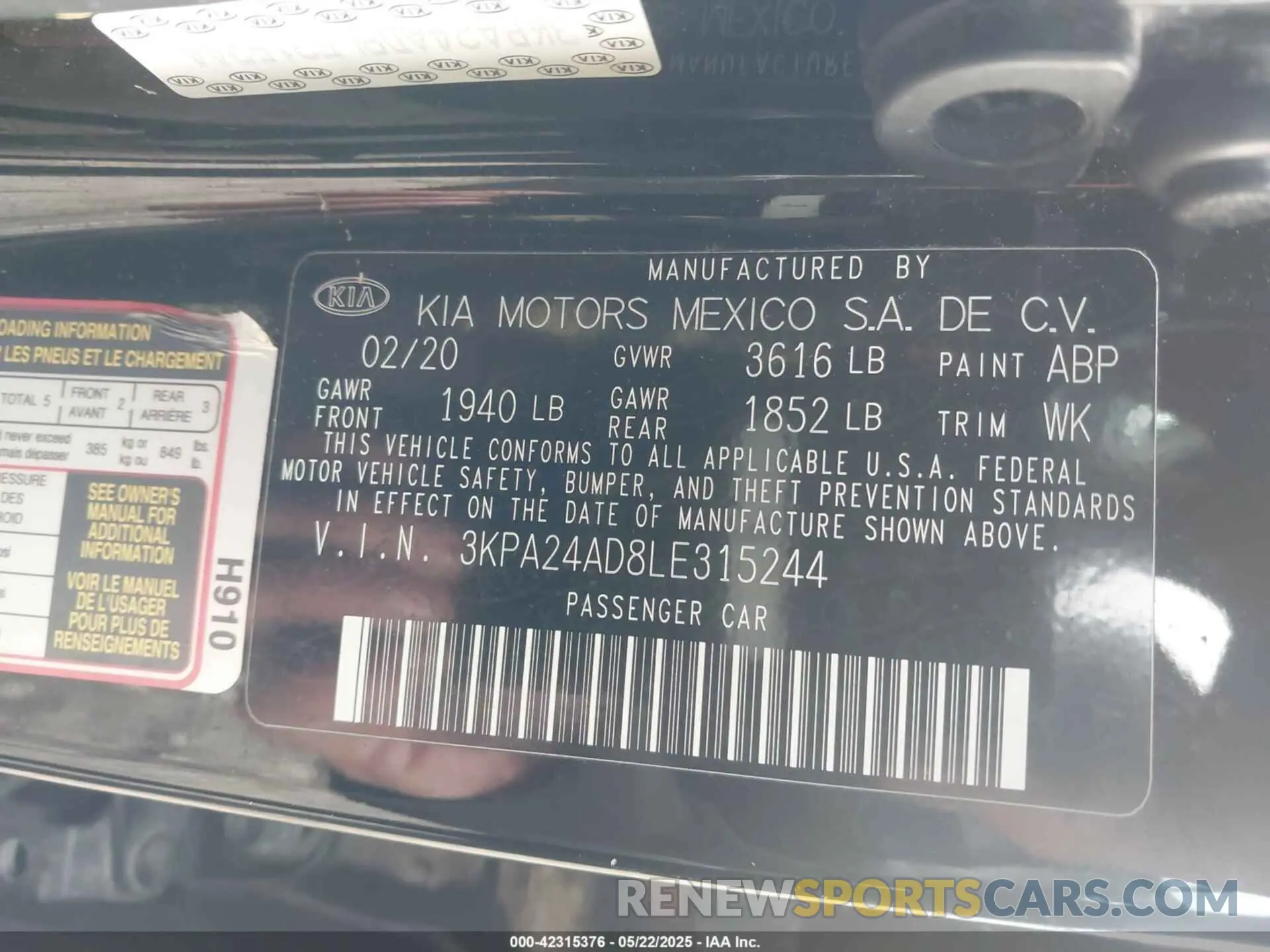 9 Photograph of a damaged car 3KPA24AD8LE315244 KIA RIO 2020