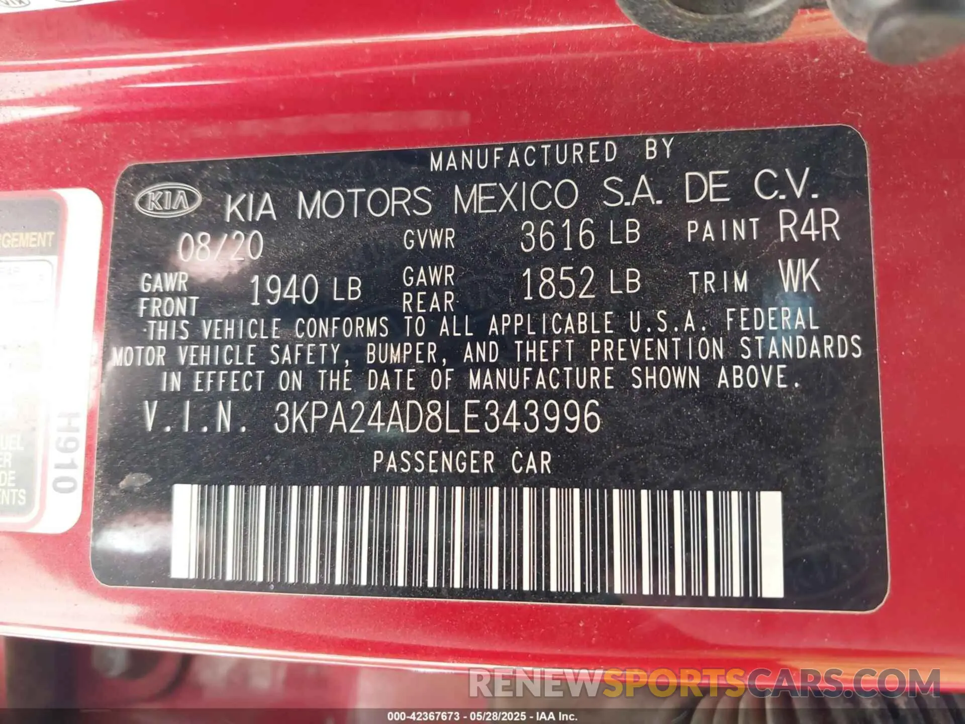 9 Photograph of a damaged car 3KPA24AD8LE343996 KIA RIO 2020