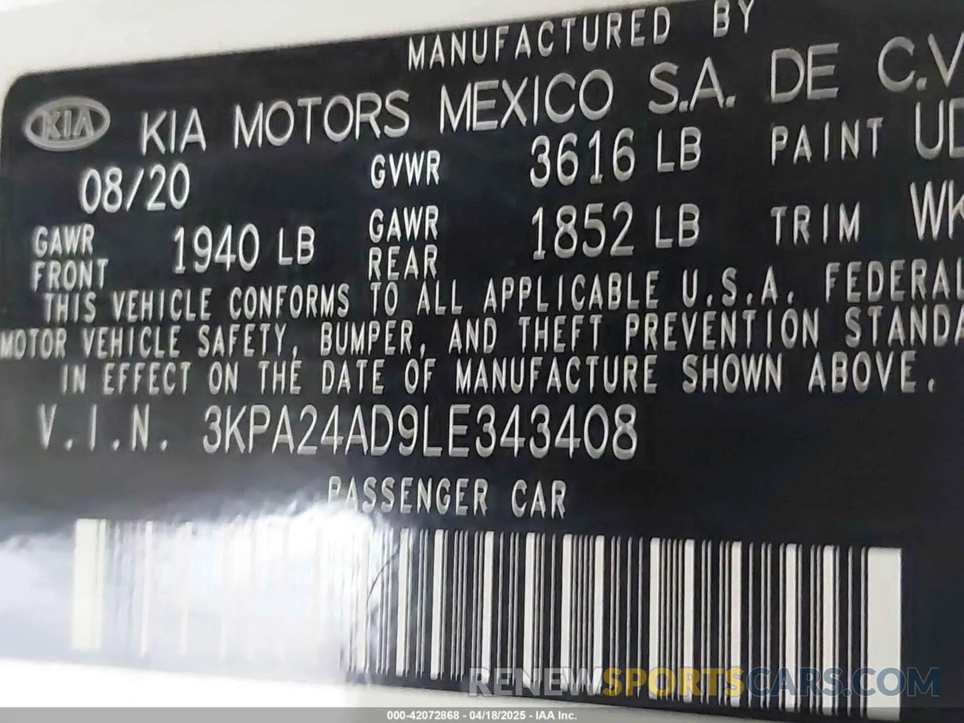 9 Photograph of a damaged car 3KPA24AD9LE343408 KIA RIO 2020