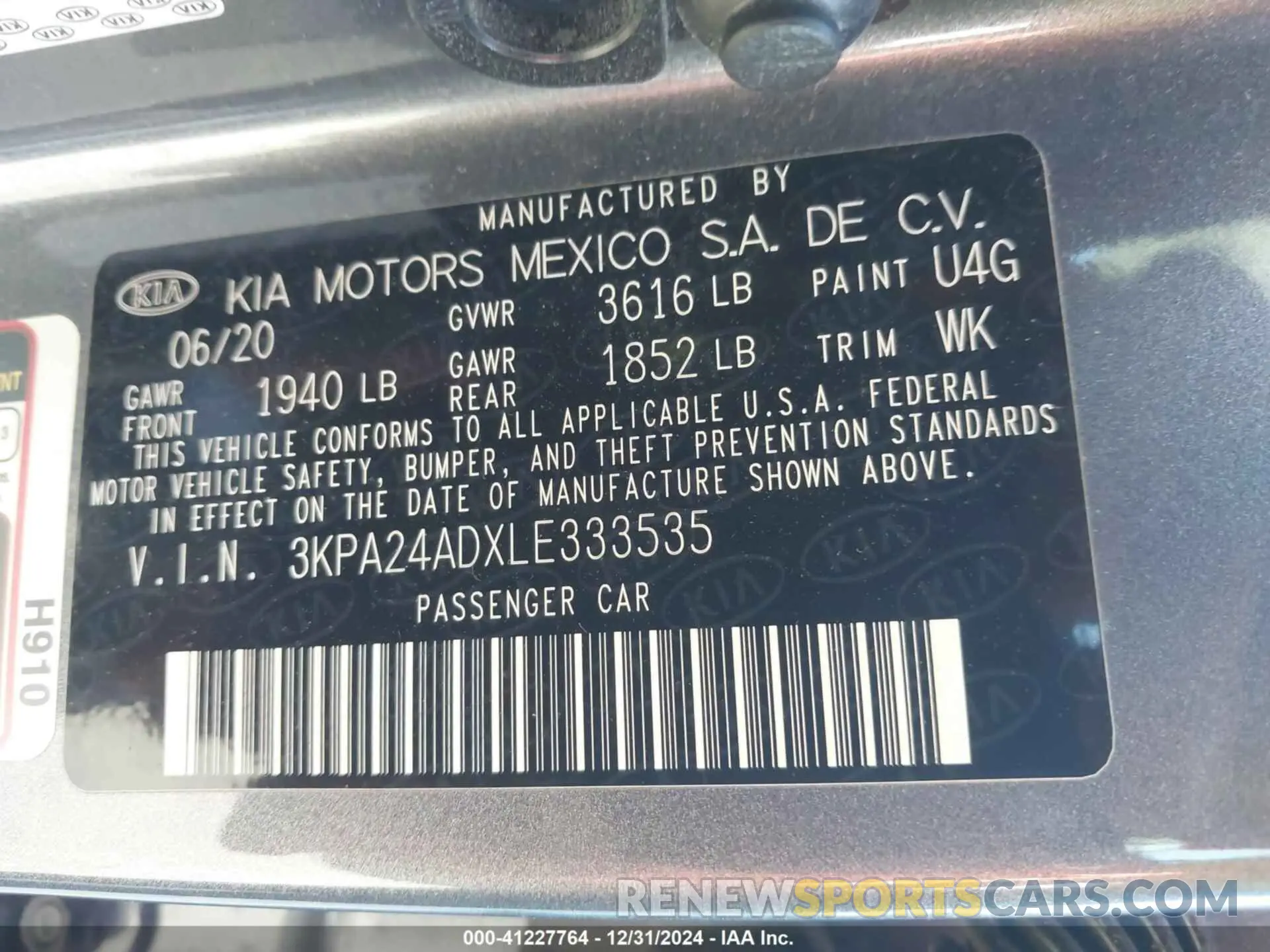 9 Photograph of a damaged car 3KPA24ADXLE333535 KIA RIO 2020