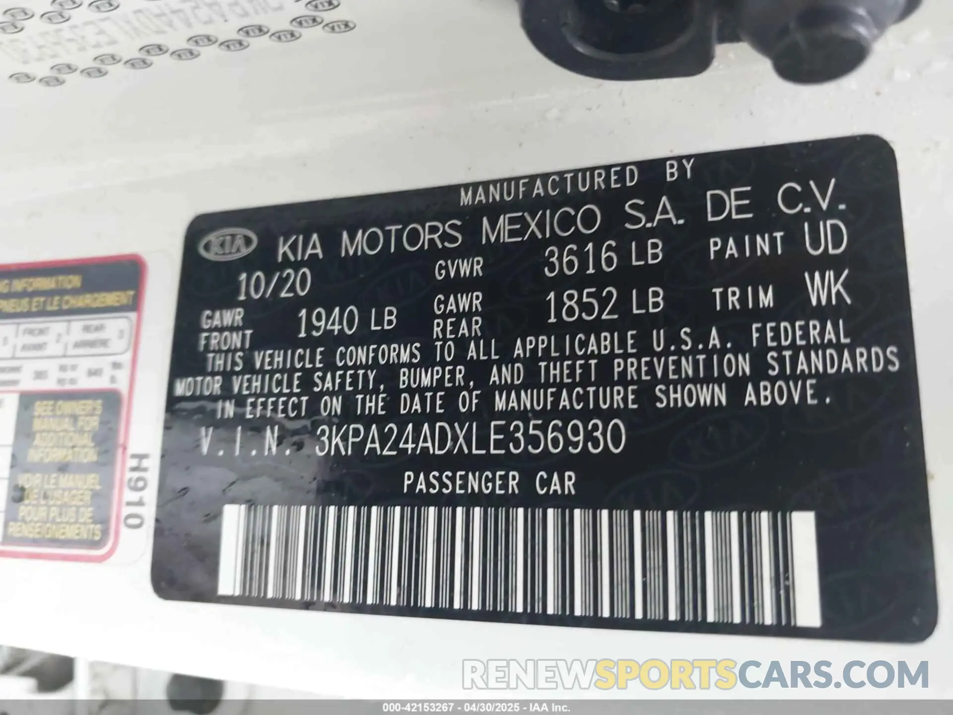 9 Photograph of a damaged car 3KPA24ADXLE356930 KIA RIO 2020