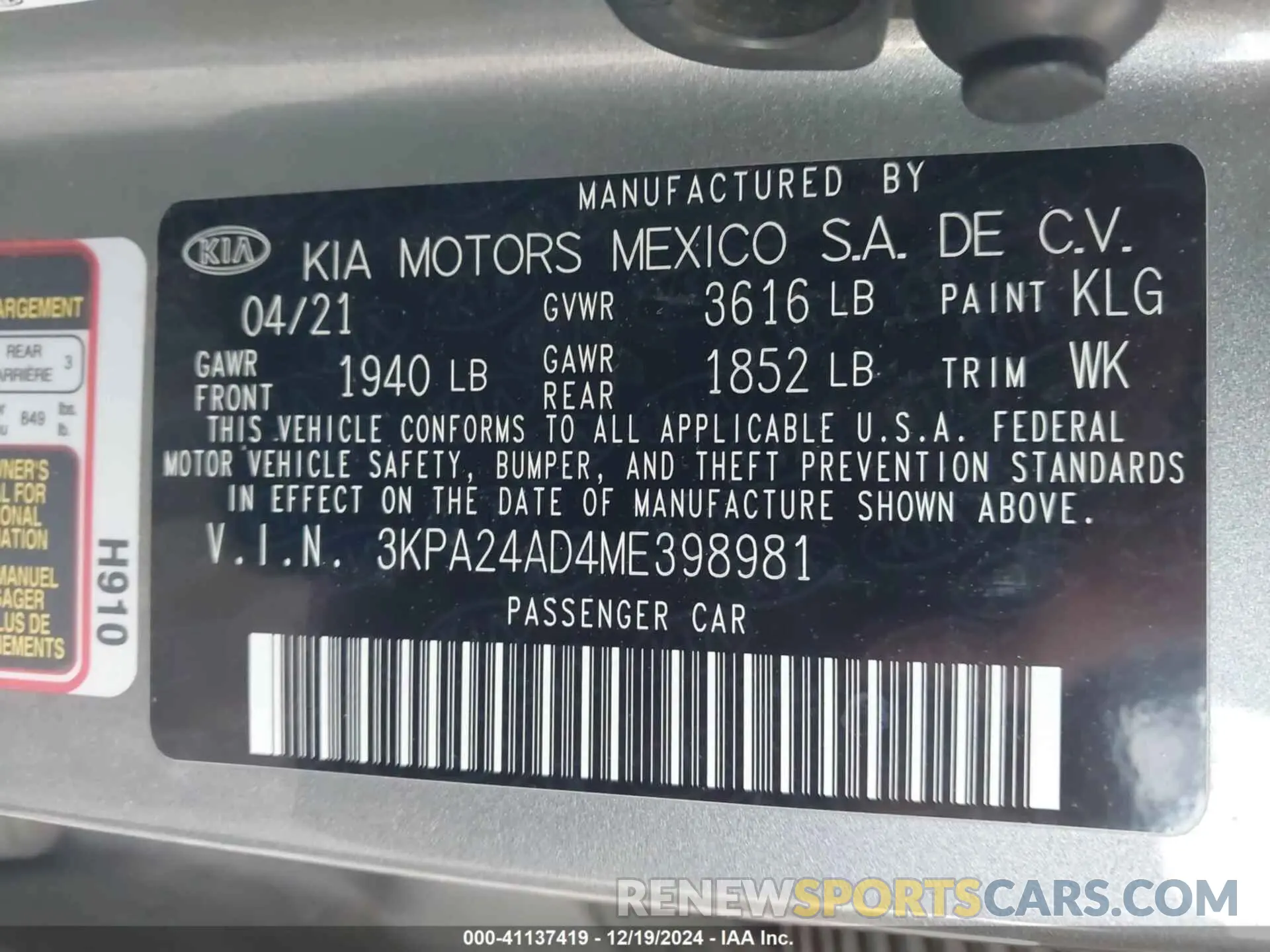 9 Photograph of a damaged car 3KPA24AD4ME398981 KIA RIO 2021