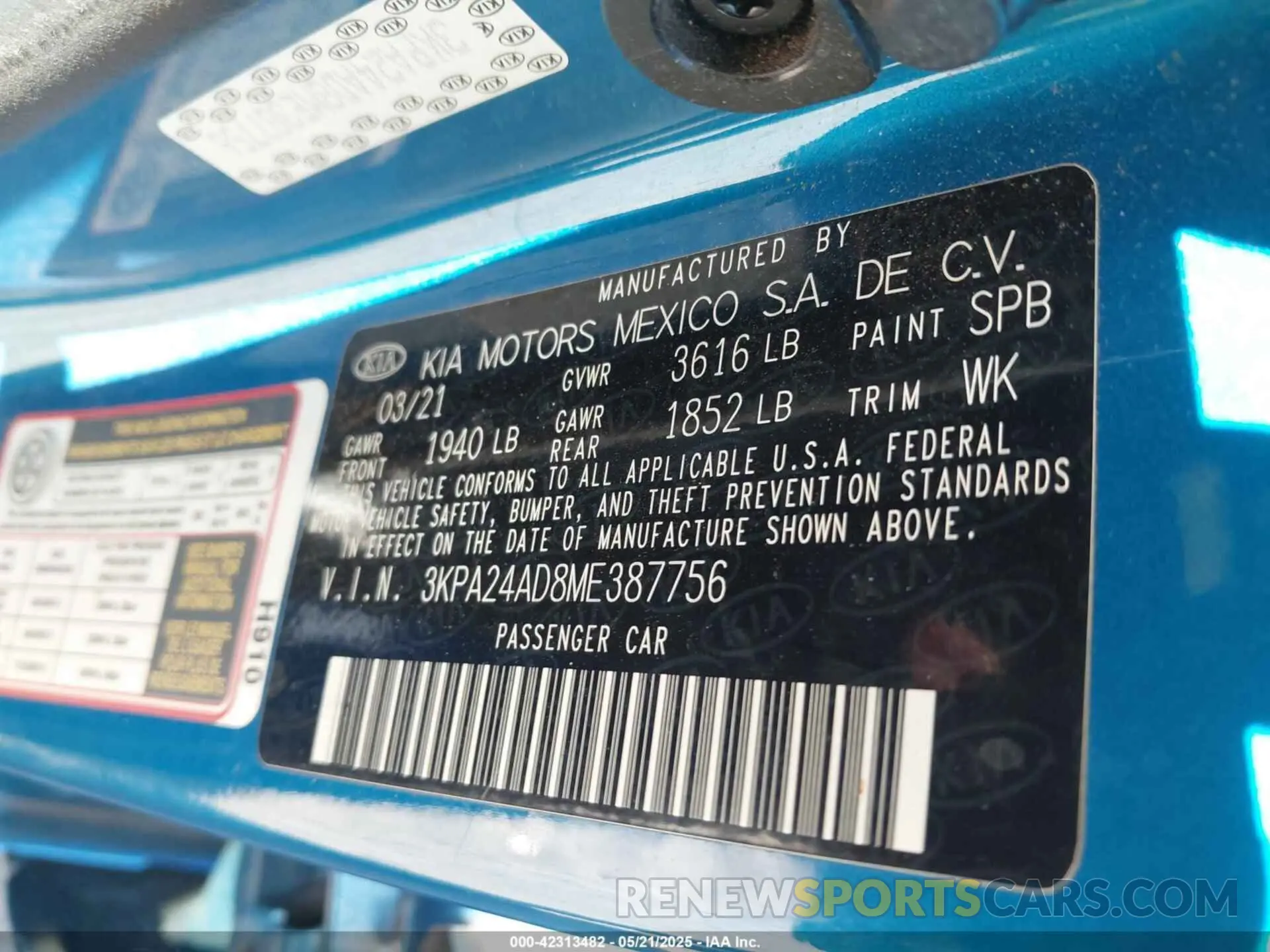 9 Photograph of a damaged car 3KPA24AD8ME387756 KIA RIO 2021
