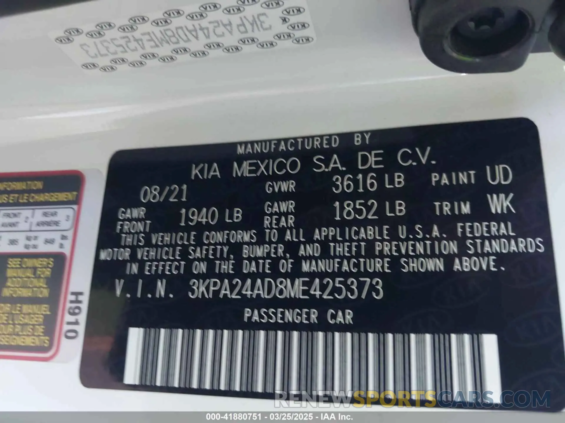 9 Photograph of a damaged car 3KPA24AD8ME425373 KIA RIO 2021