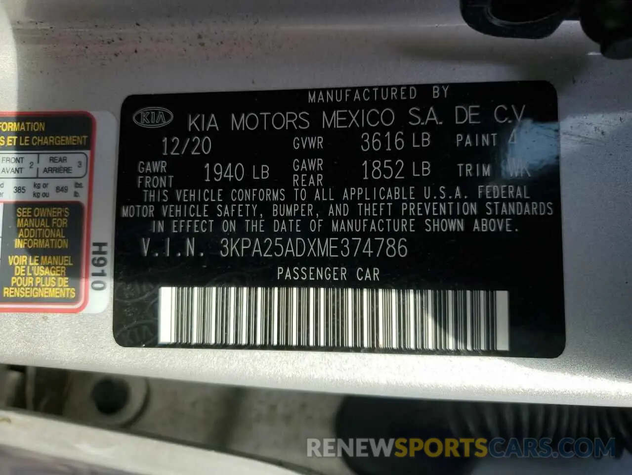 12 Photograph of a damaged car 3KPA25ADXME374786 KIA RIO 2021