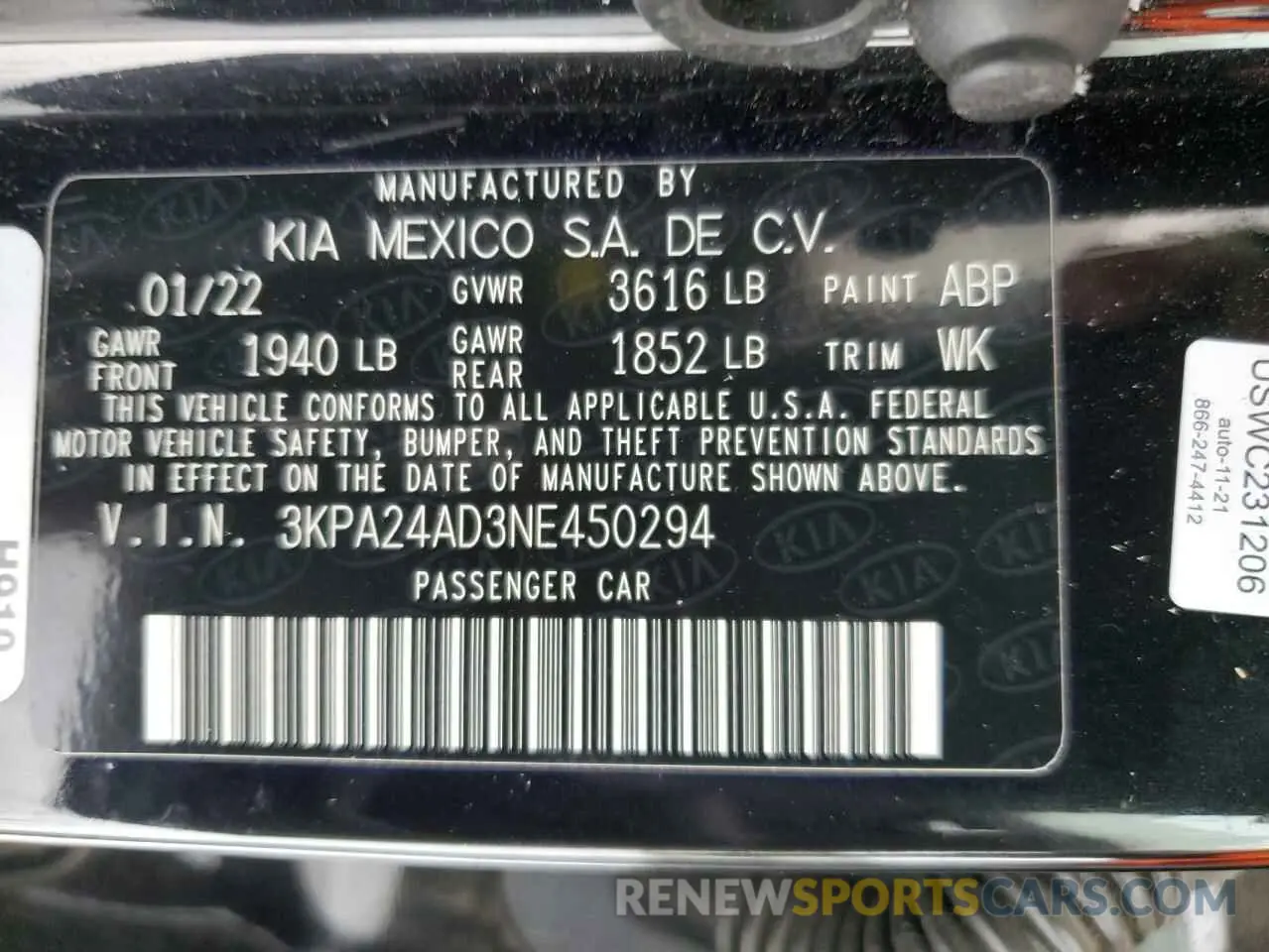 14 Photograph of a damaged car 3KPA24AD3NE450294 KIA RIO 2022