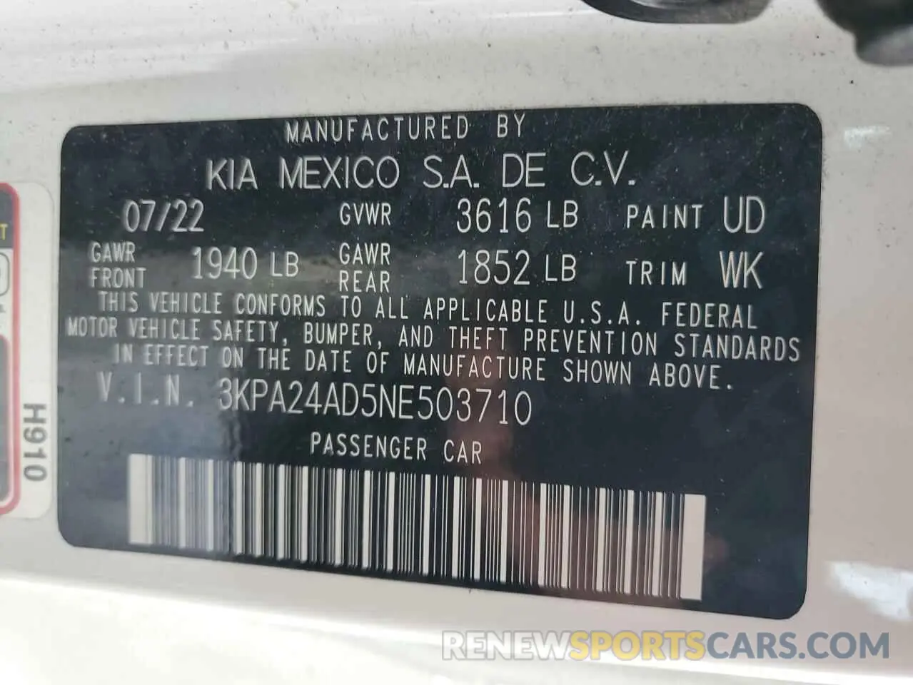 14 Photograph of a damaged car 3KPA24AD5NE503710 KIA RIO 2022