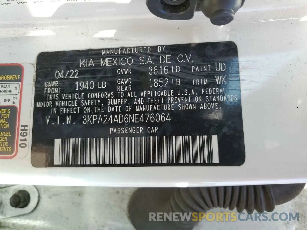 12 Photograph of a damaged car 3KPA24AD6NE476064 KIA RIO 2022