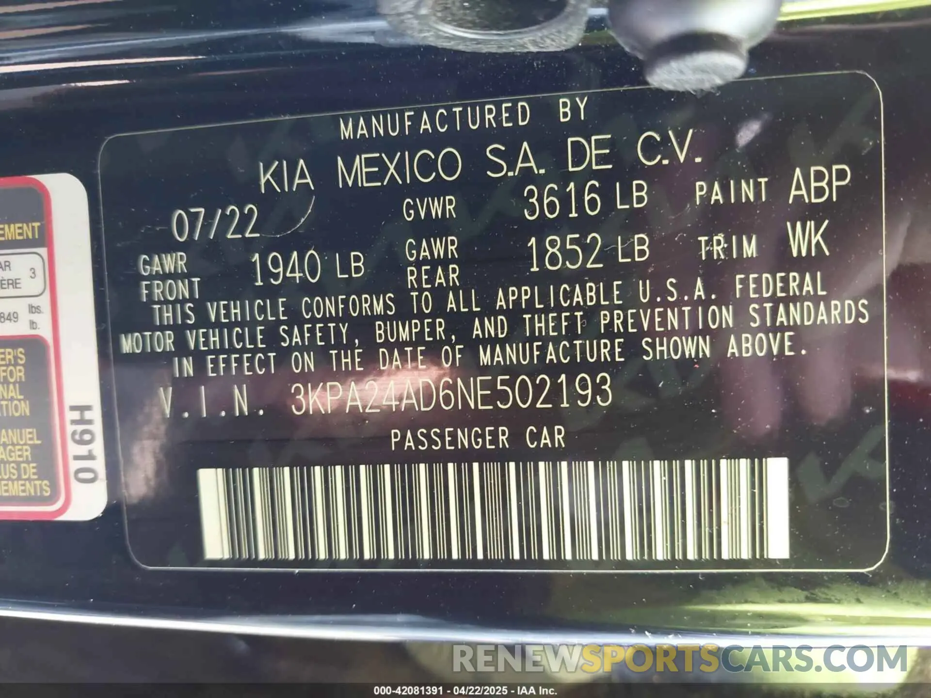 9 Photograph of a damaged car 3KPA24AD6NE502193 KIA RIO 2022