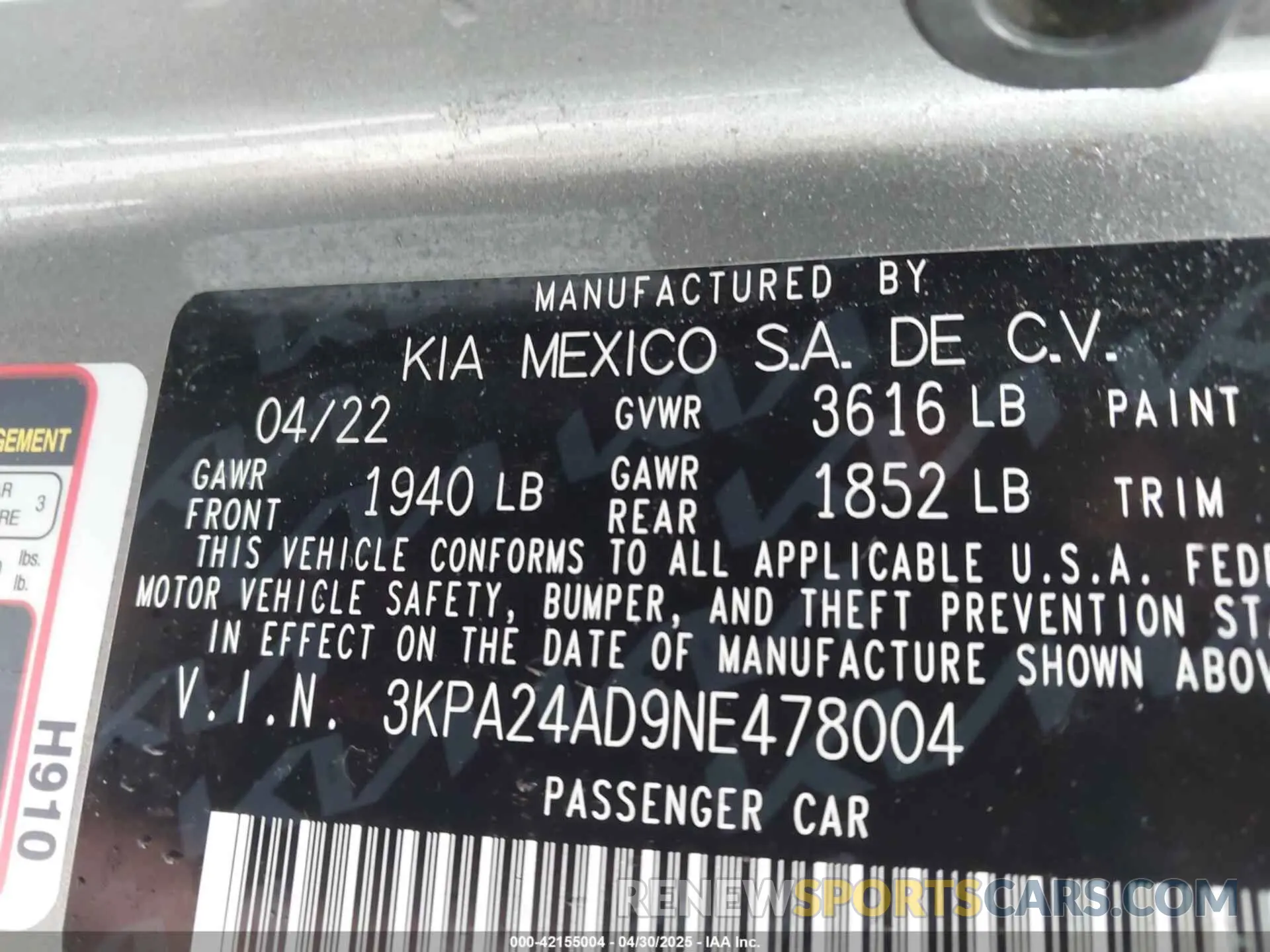 9 Photograph of a damaged car 3KPA24AD9NE478004 KIA RIO 2022