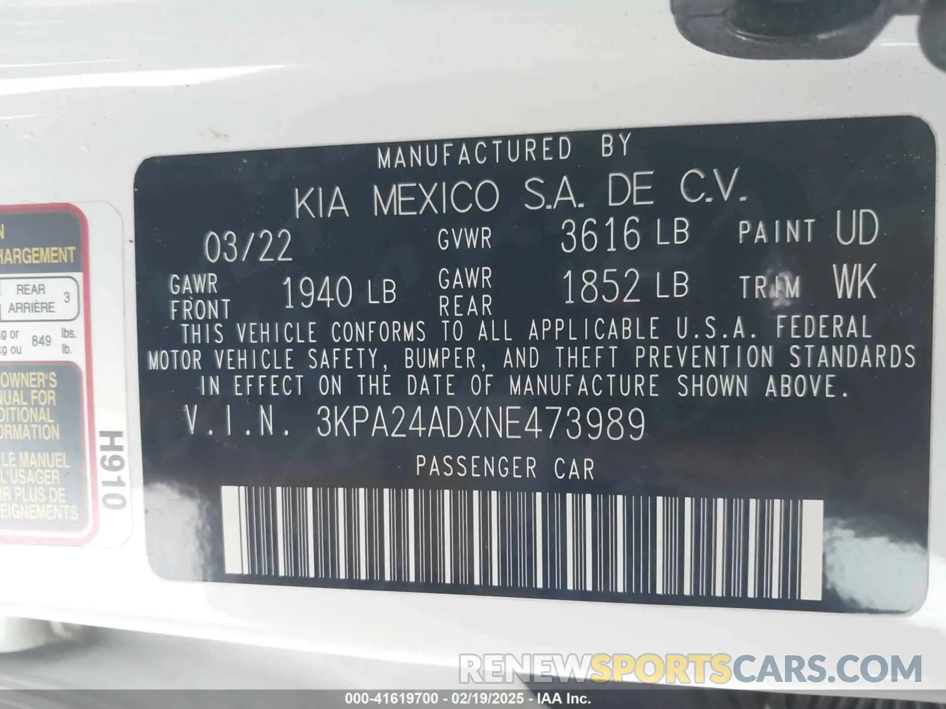 9 Photograph of a damaged car 3KPA24ADXNE473989 KIA RIO 2022